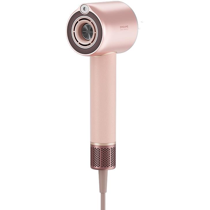 Rose-pink hair dryer with front intake ring and dark central fan opening