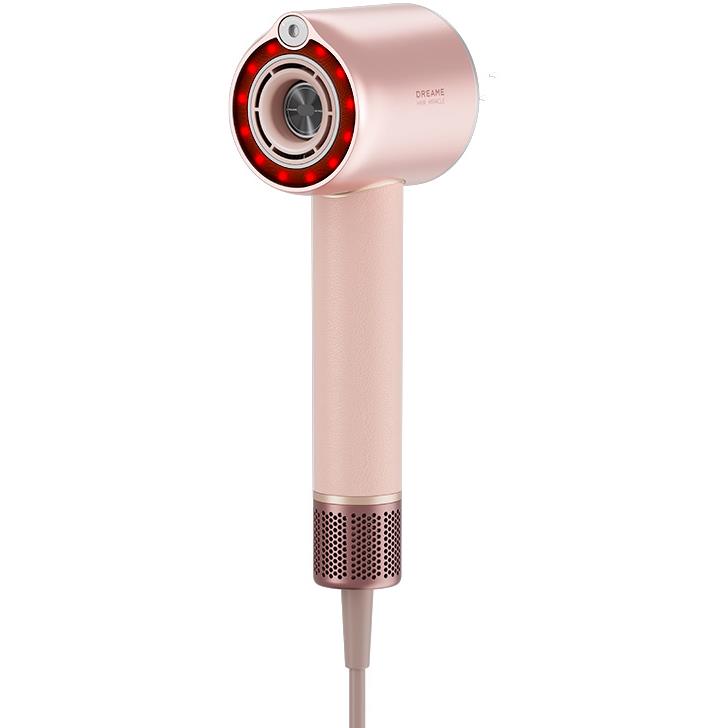 Rose-pink hair dryer with red LED-lit intake ring and perforated vent