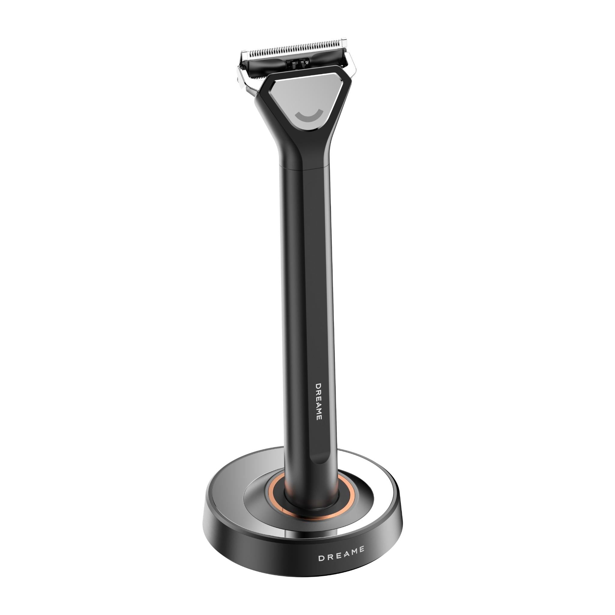 Cordless beard and hair trimmer with charging dock stand, black body