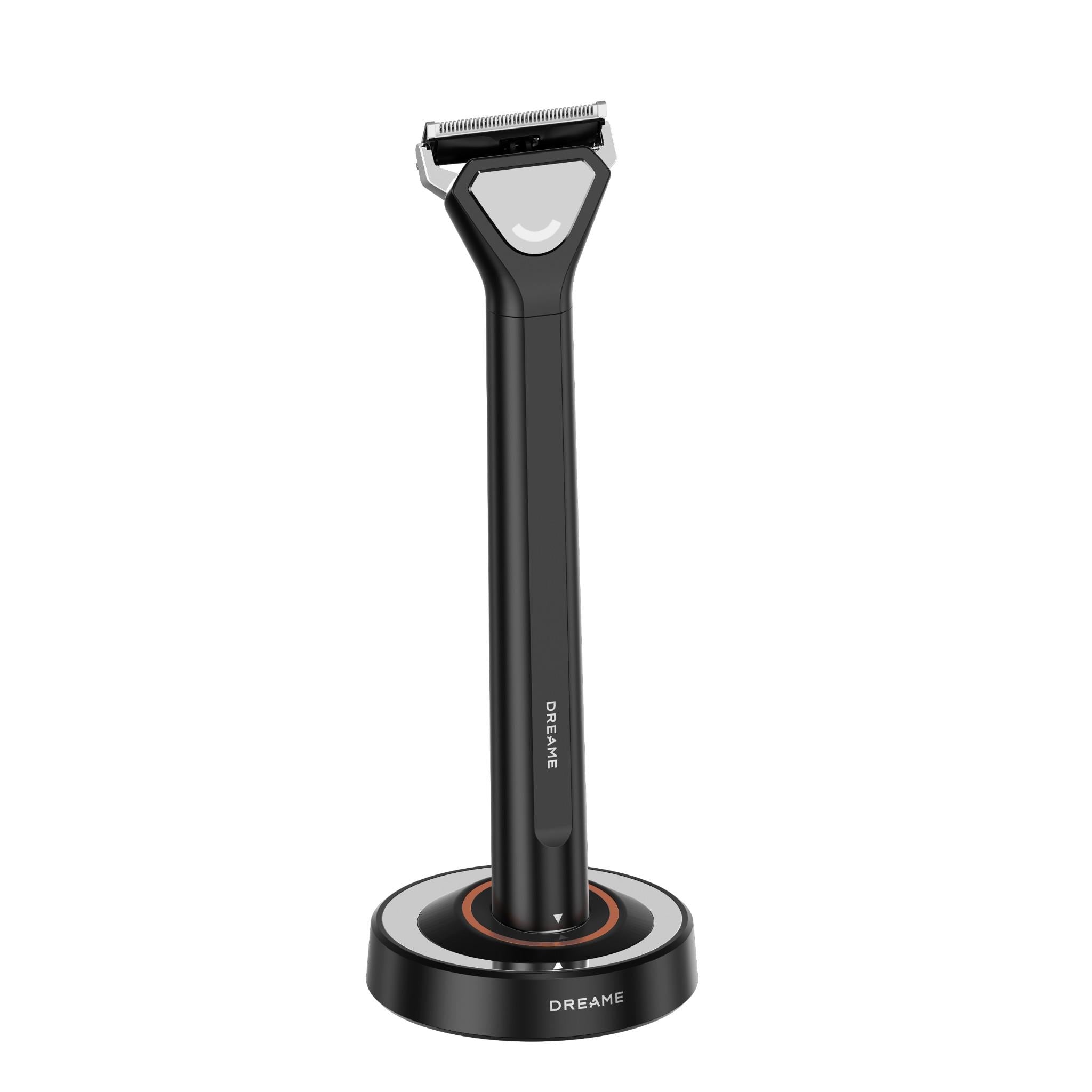 Cordless beard and hair trimmer on charging dock stand, black body