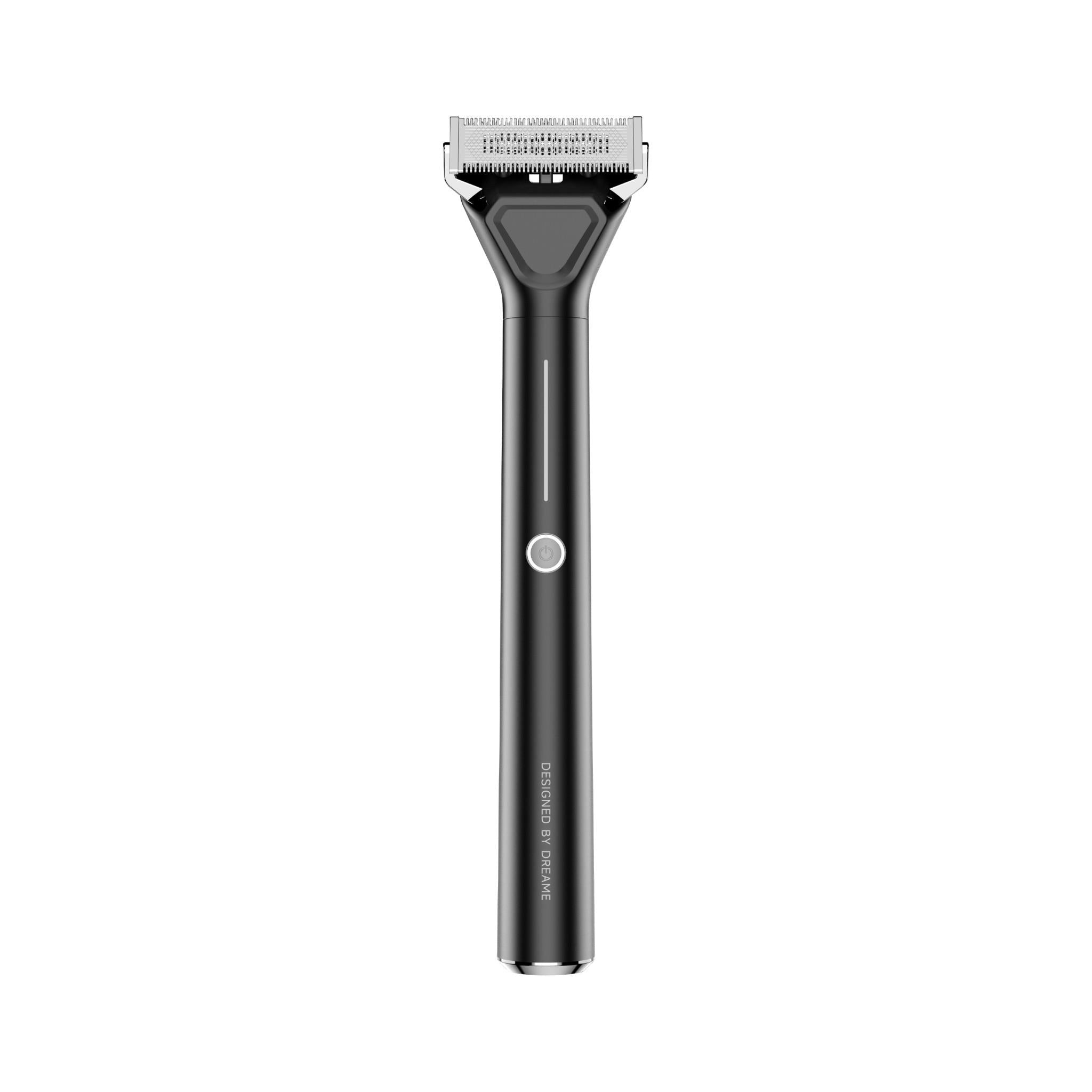 Cordless beard and hair trimmer, black handle with top cutting blade