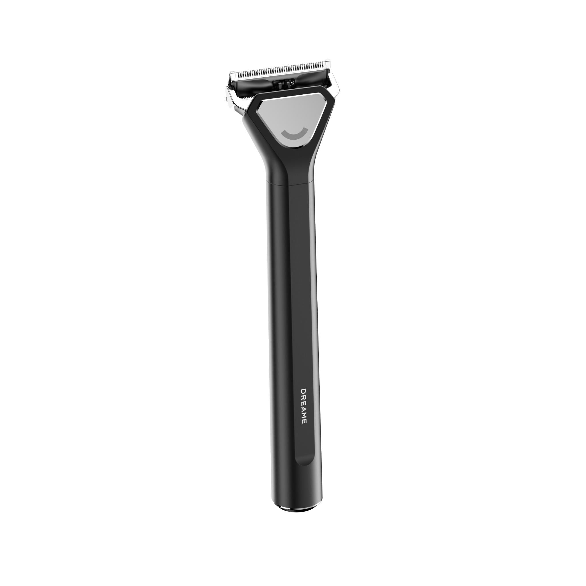 Cordless beard and hair trimmer, black handle with guard and silver blade