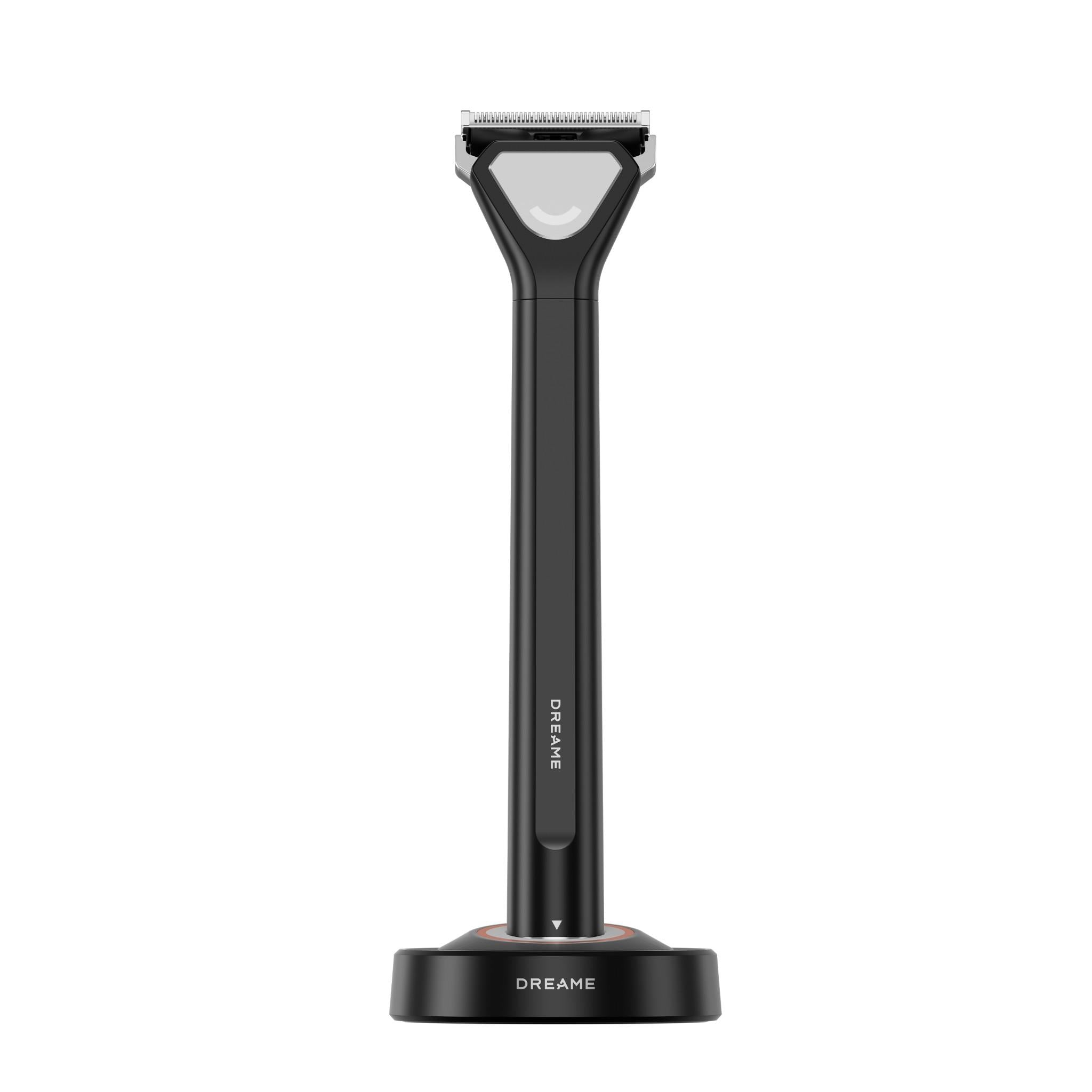 Cordless beard and hair trimmer on charging base, black body