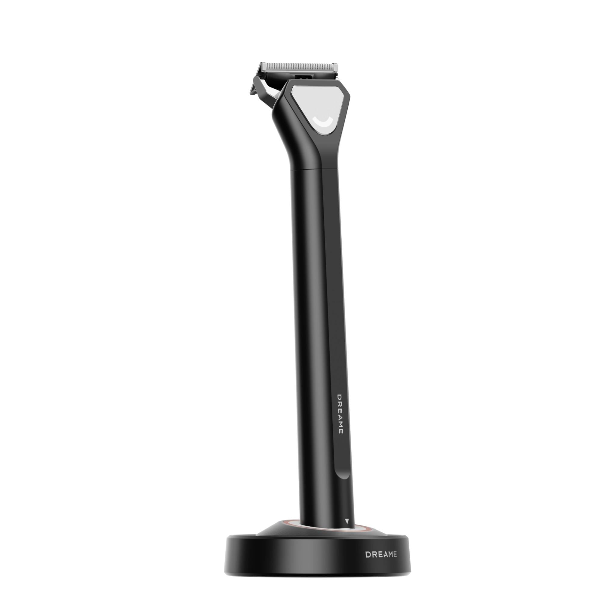 Cordless beard and hair trimmer with charging base, black body
