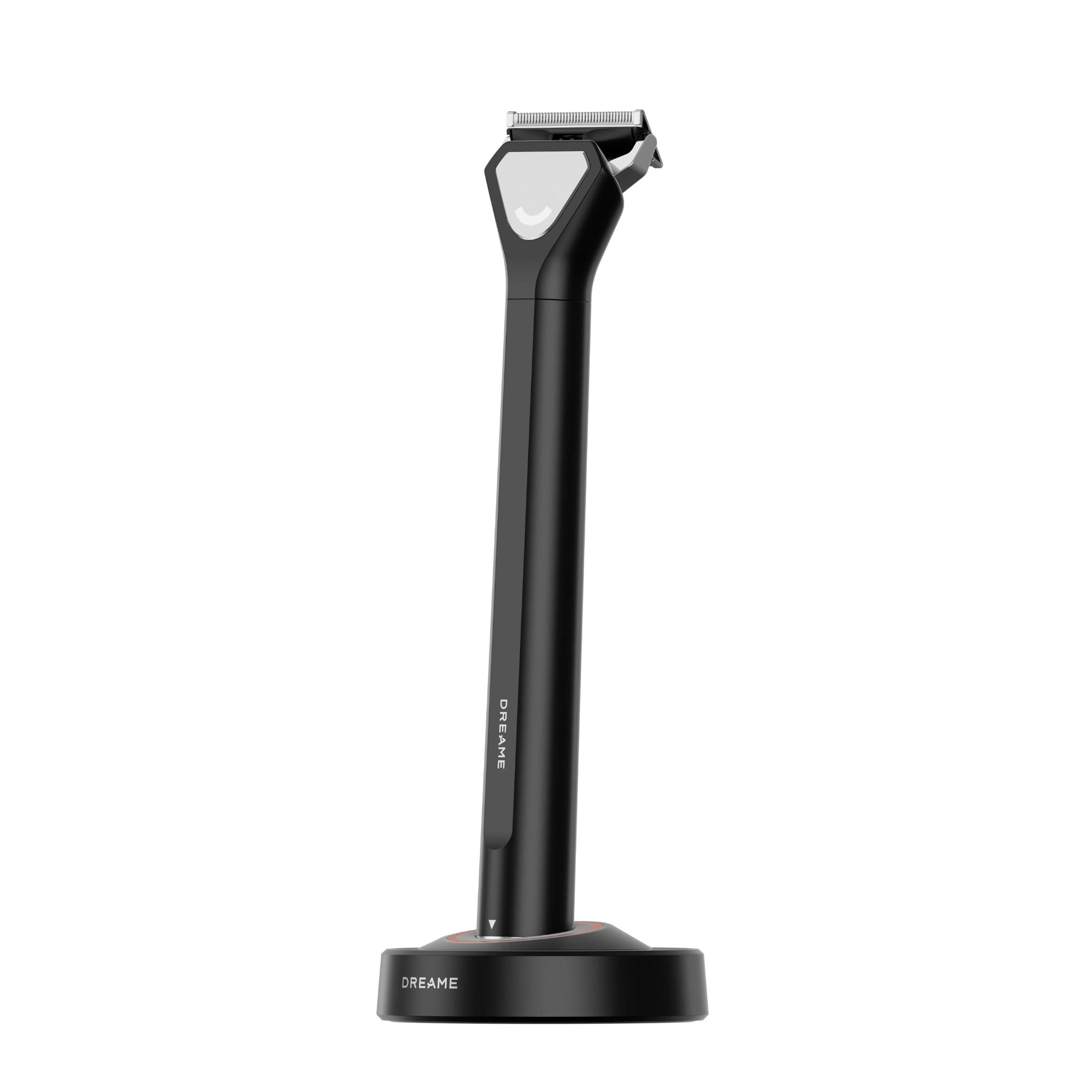 Cordless beard and hair trimmer on charging base, side view, black body