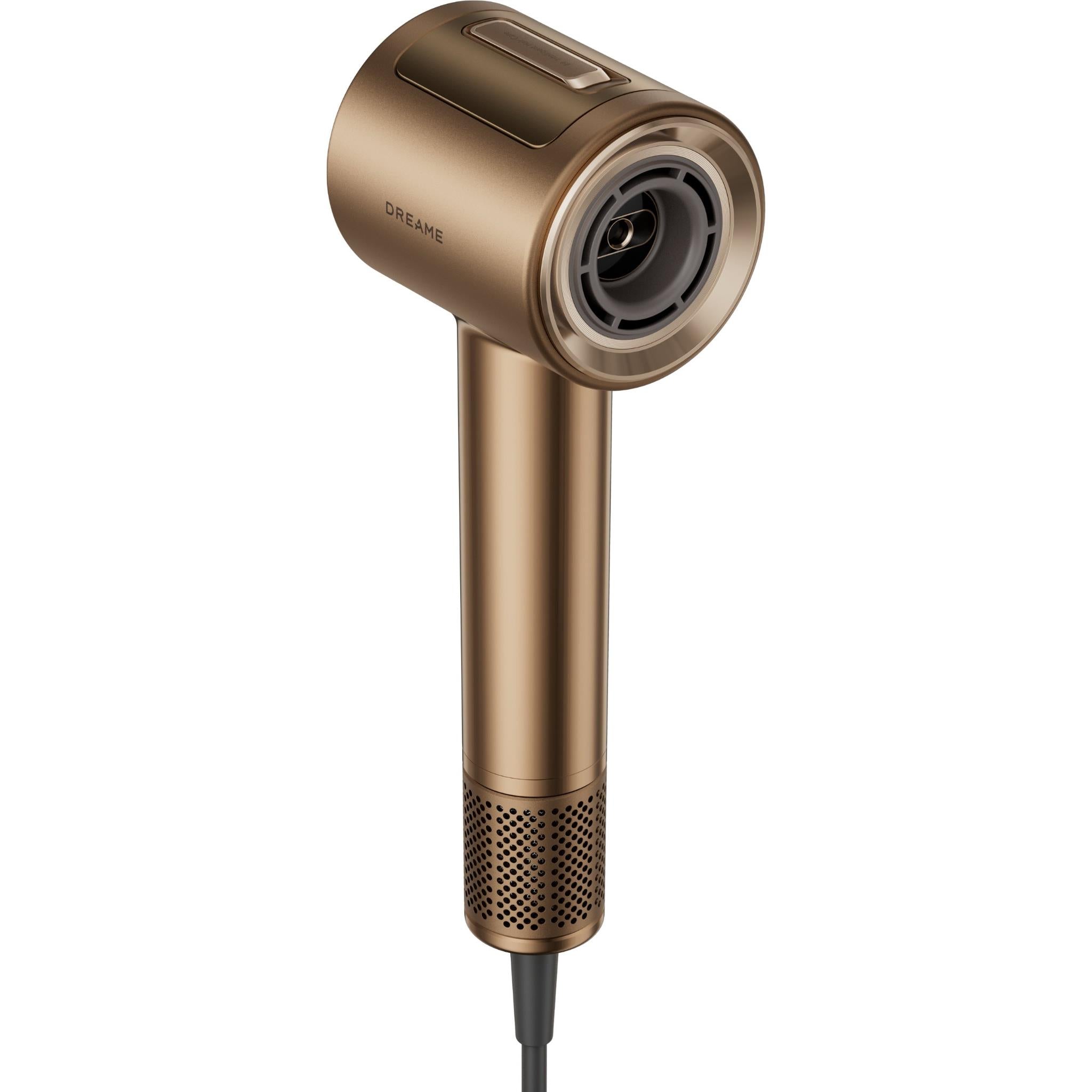Gold Dreame smart AI hair dryer with angled nozzle and perforated grip
