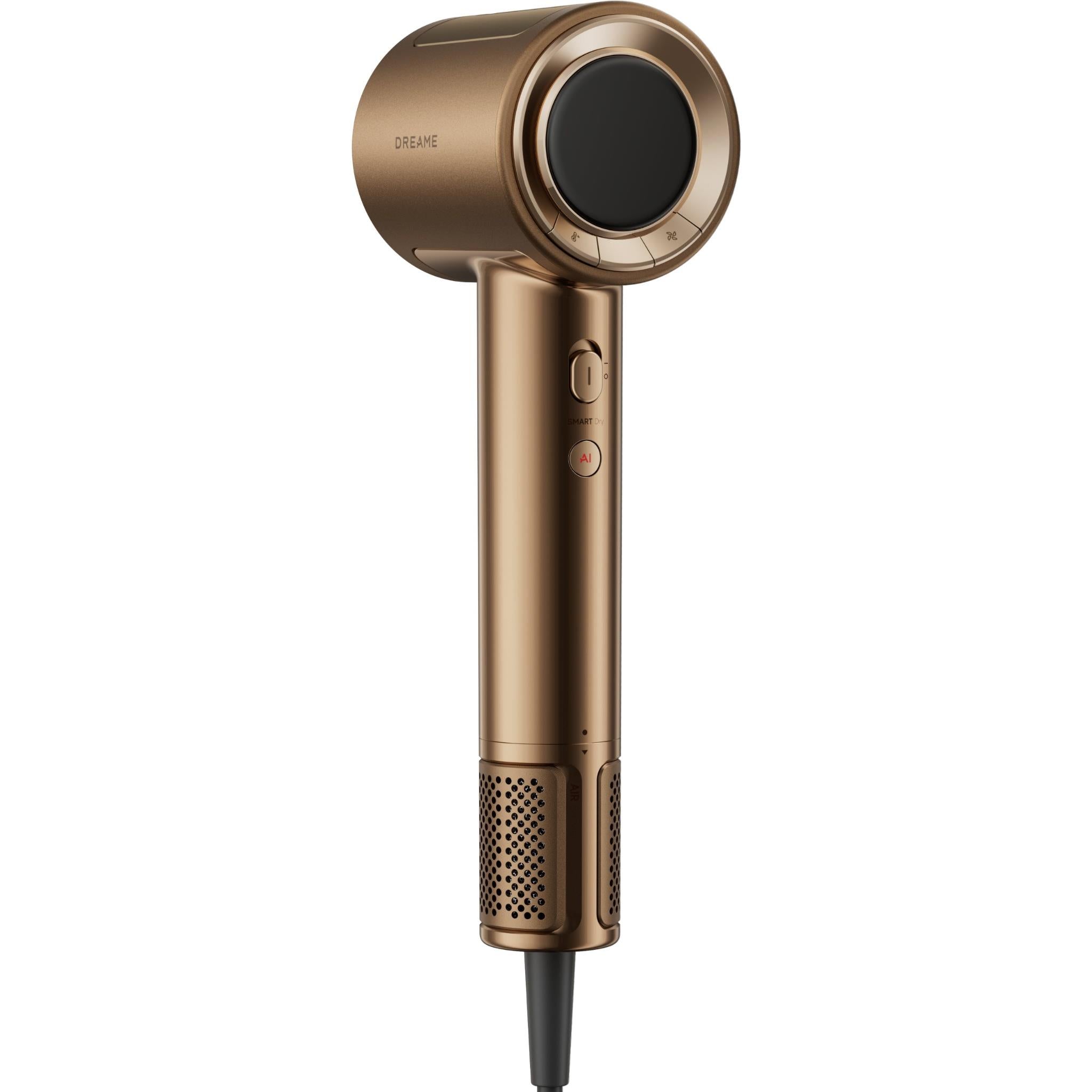 Dreame smart AI hair dryer in gold with black control panel on handle
