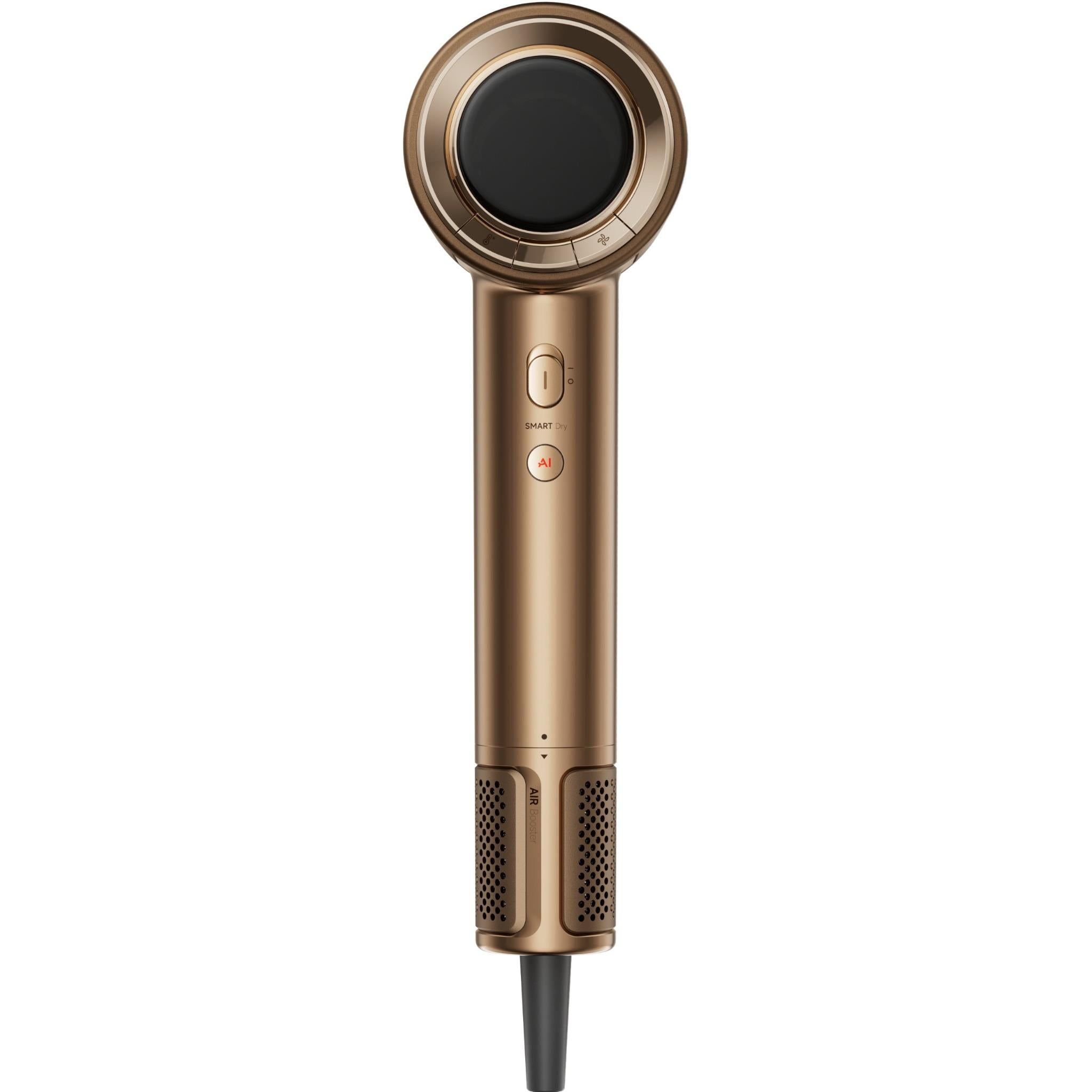 Dreame smart AI hair dryer, gold body with black button controls on handle