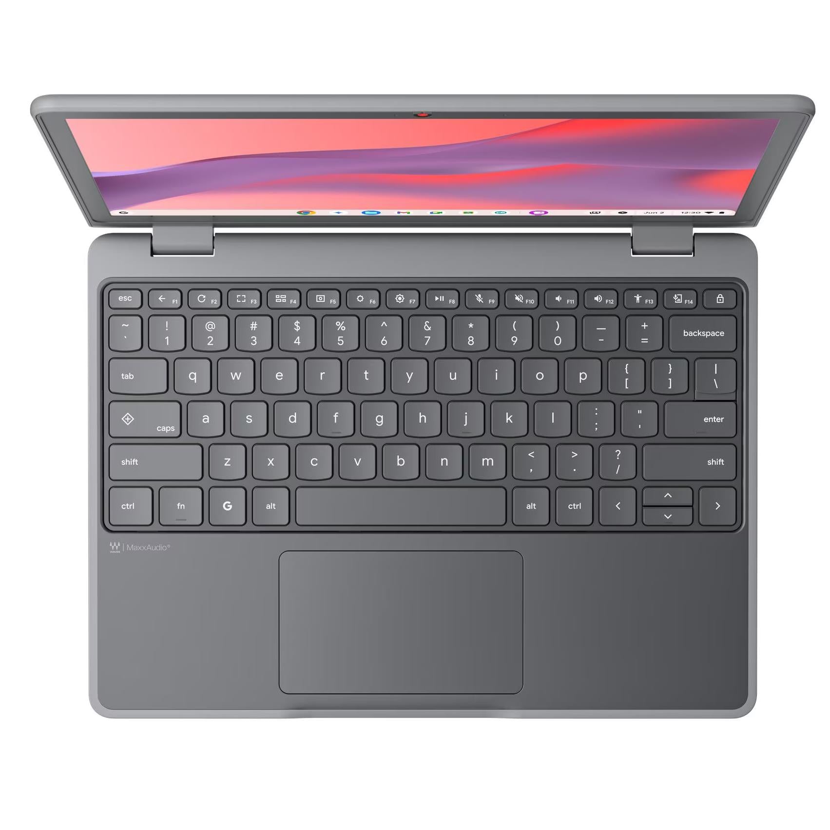 Grey Lenovo Chromebook with full keyboard and trackpad, screen open