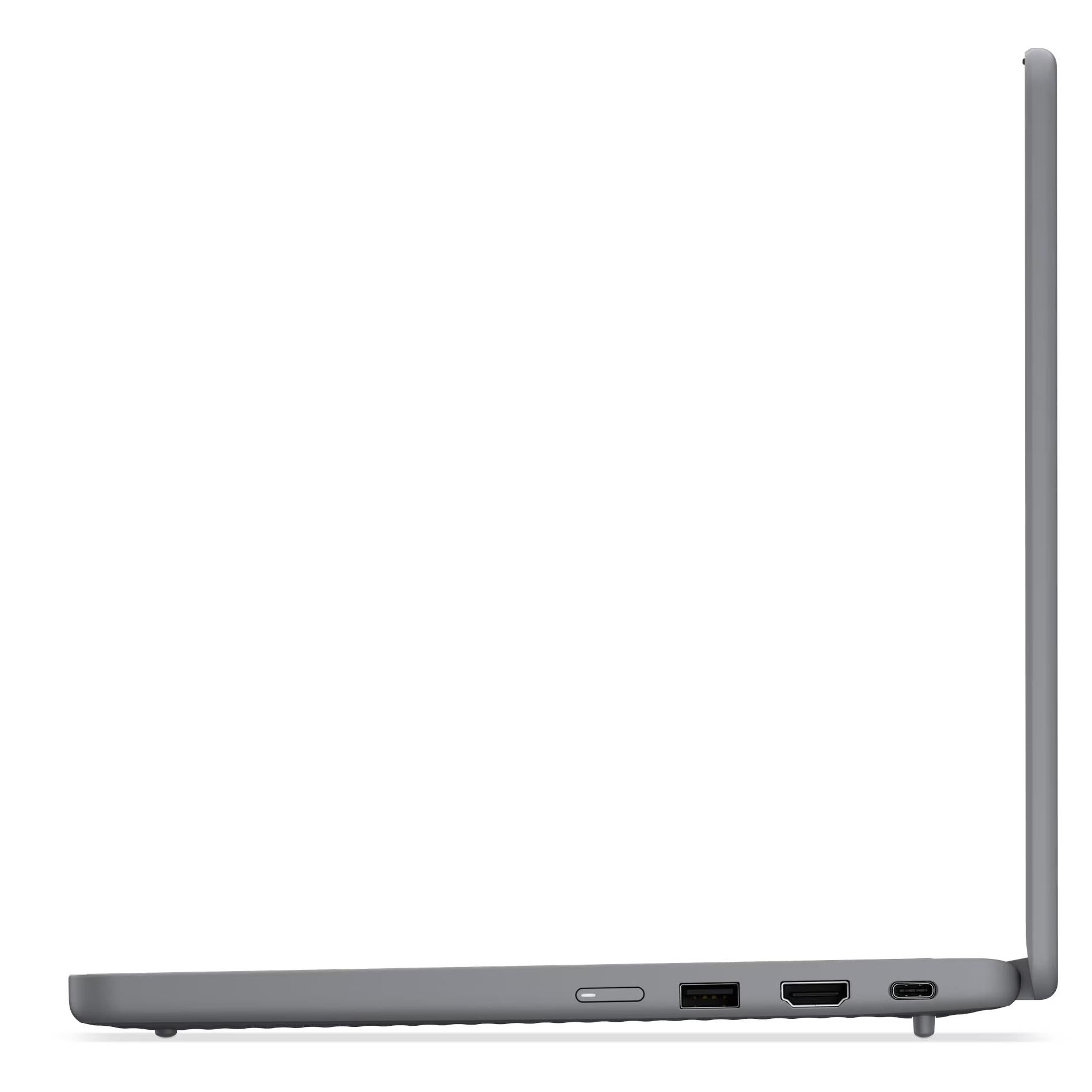 Grey Lenovo Chromebook side view with multiple ports including USB and HDMI