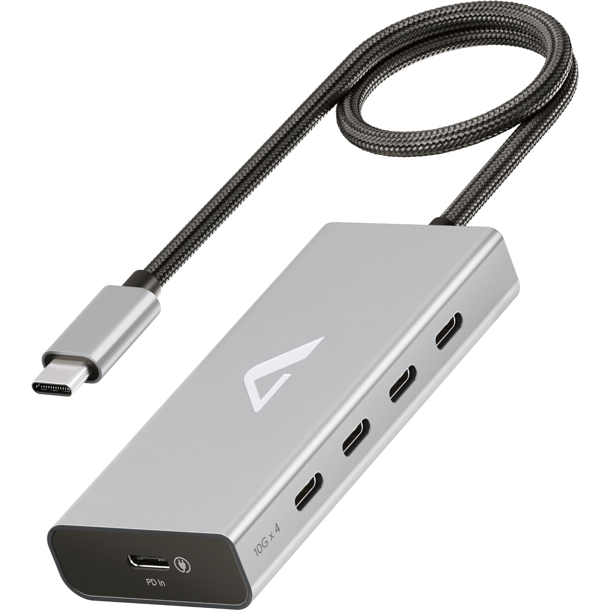 USB-C quad port hub with braided cable, silver metal body and multiple side ports
