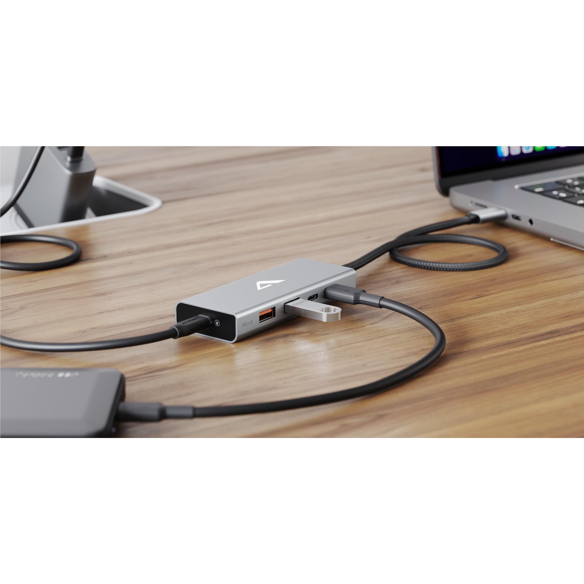 Alogic USB-C hub connected on desk with braided cable and multiple USB ports