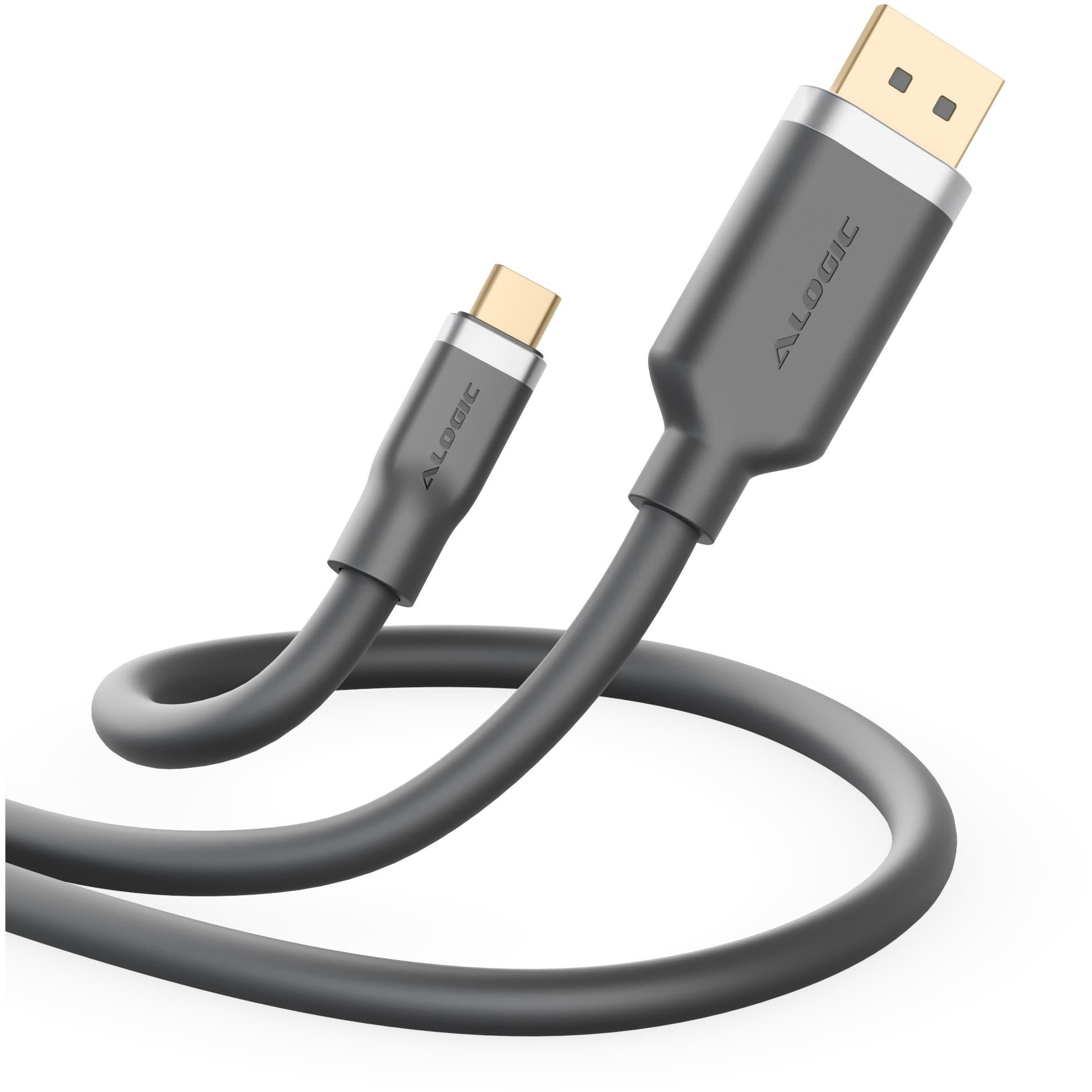 ALOGIC USB-C to DisplayPort 2.1 cable with silicone connectors, black, close-up