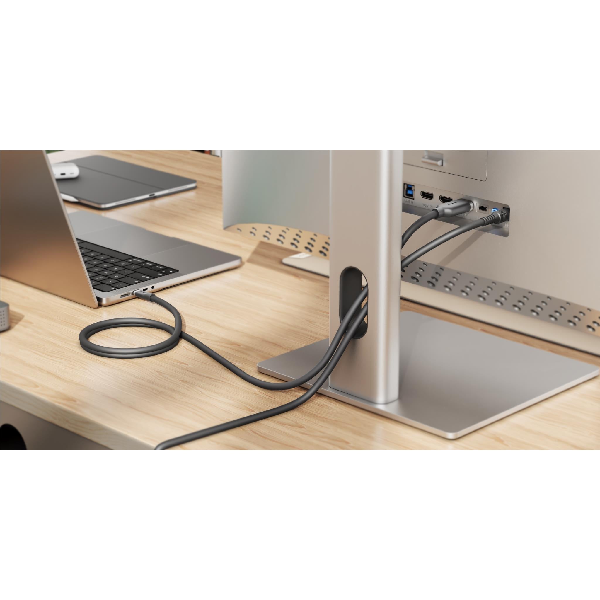 ALOGIC USB-C to DisplayPort cable plugged between laptop and display port adapter