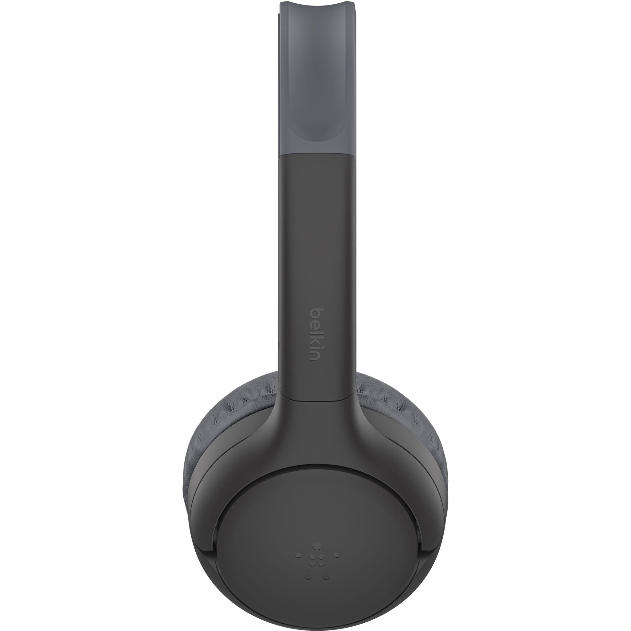 Black wireless on-ear headphones with tall headband and round ear cup housing