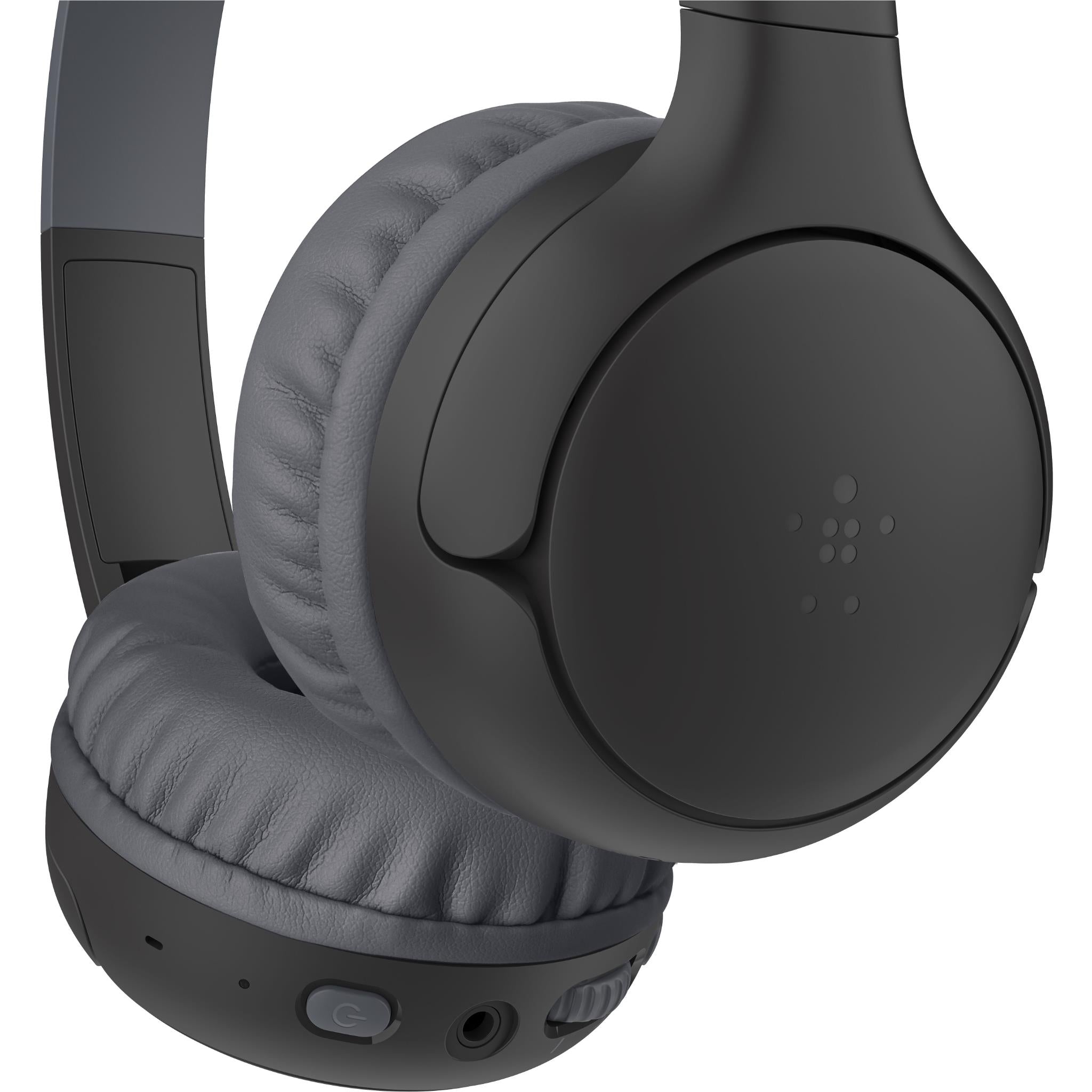 Black wireless on-ear headphones with cushioned pads and side ports on ear cup