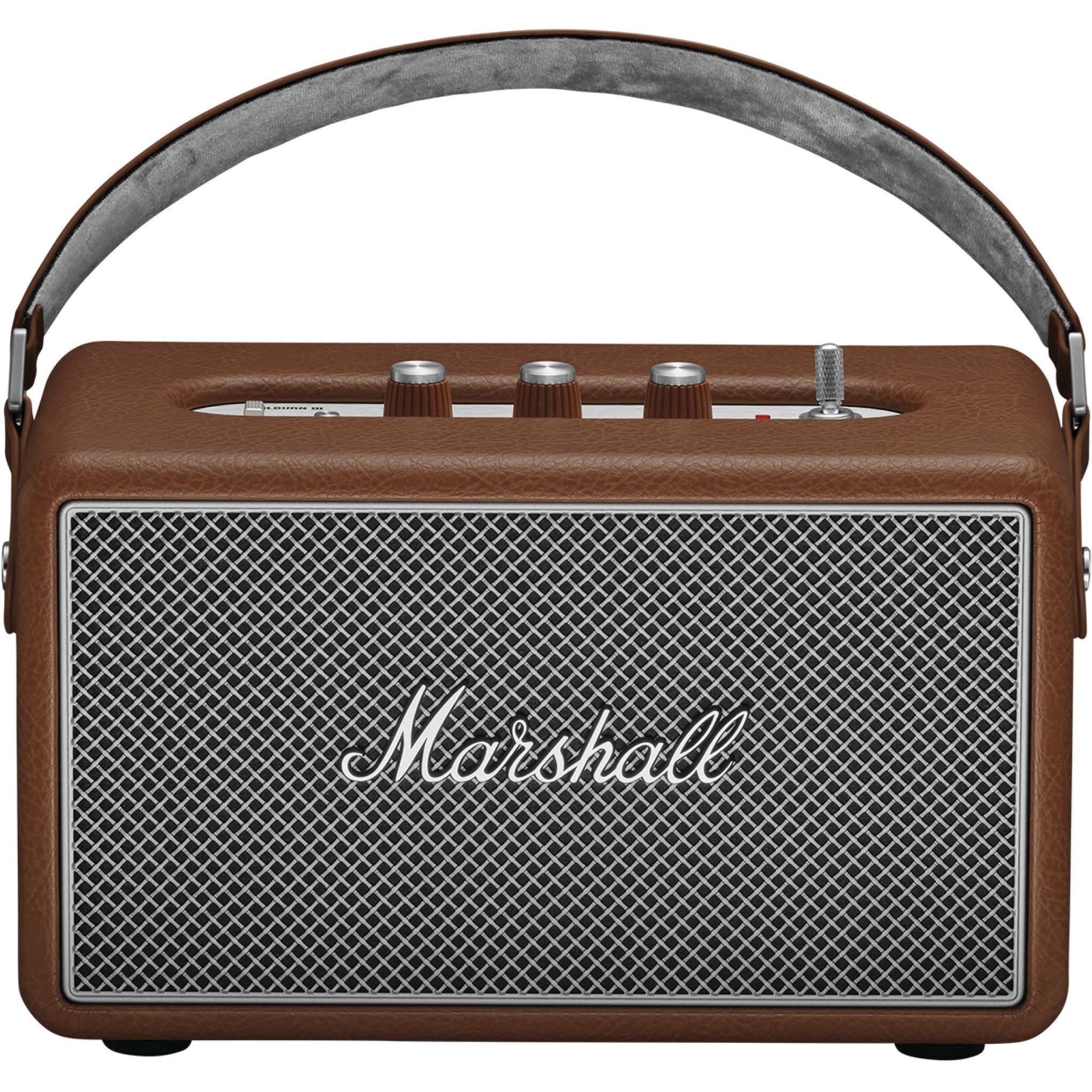 Brown Marshall portable speaker with mesh front grille and top control knobs
