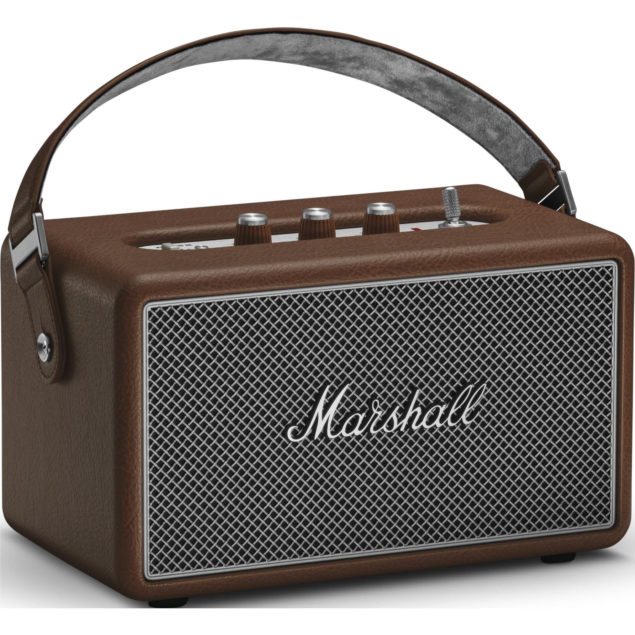 Brown Marshall portable speaker with mesh grille, side handle, and top control dials