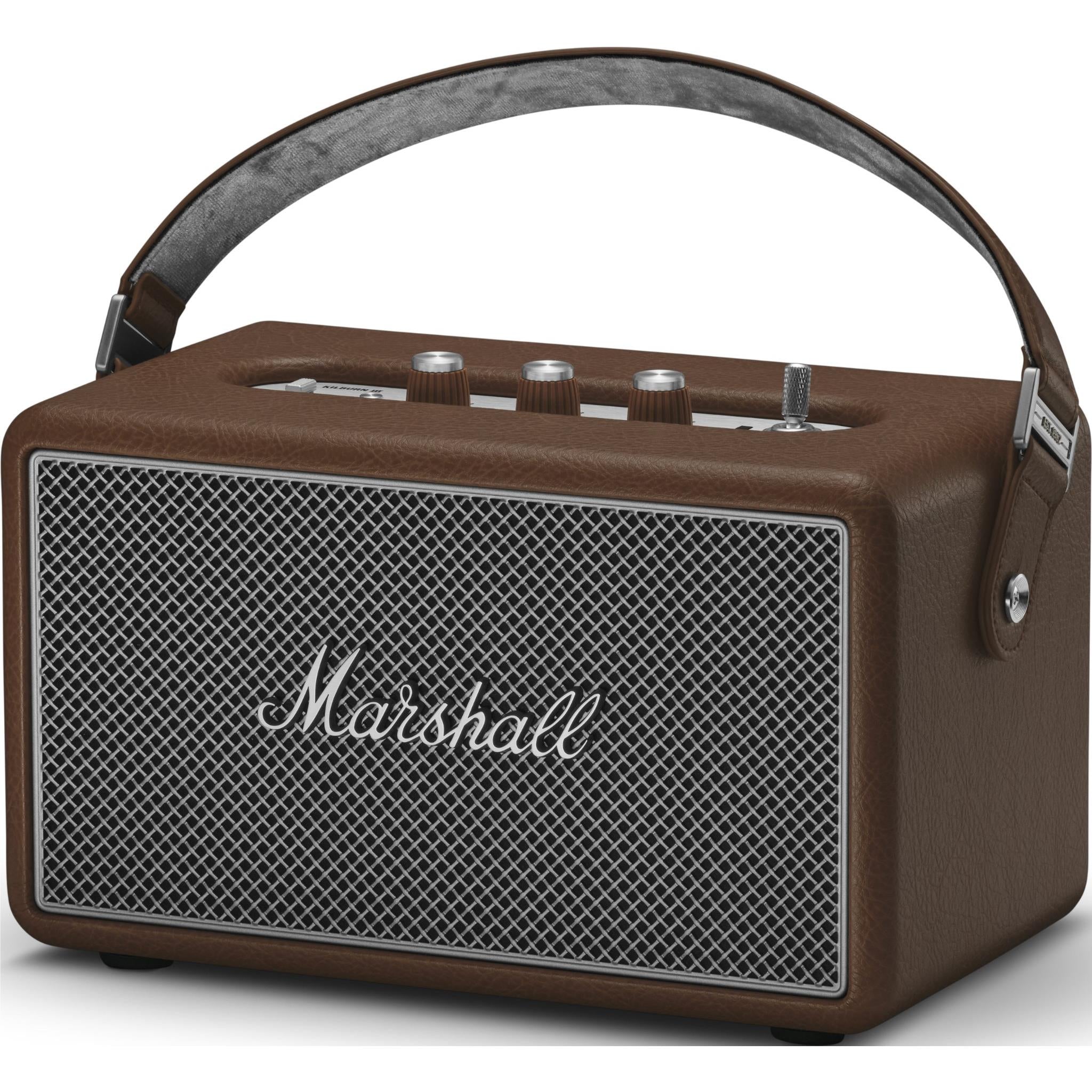 Brown Marshall portable speaker with mesh grille and carrying handle