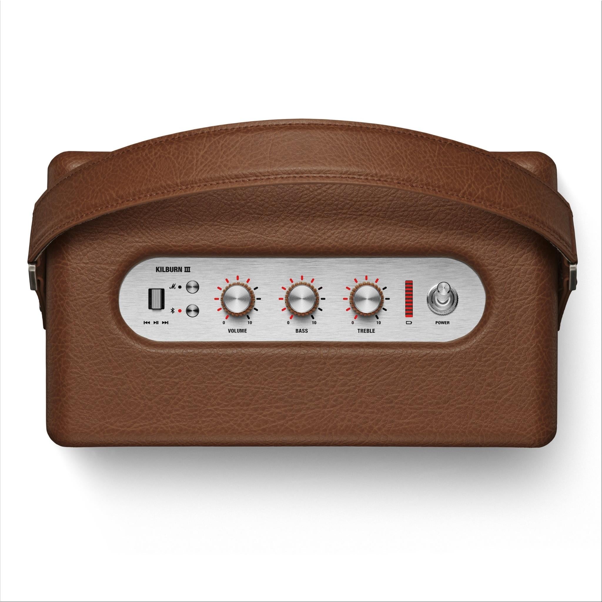 Brown Marshall portable speaker back panel with tuning knobs and input switches