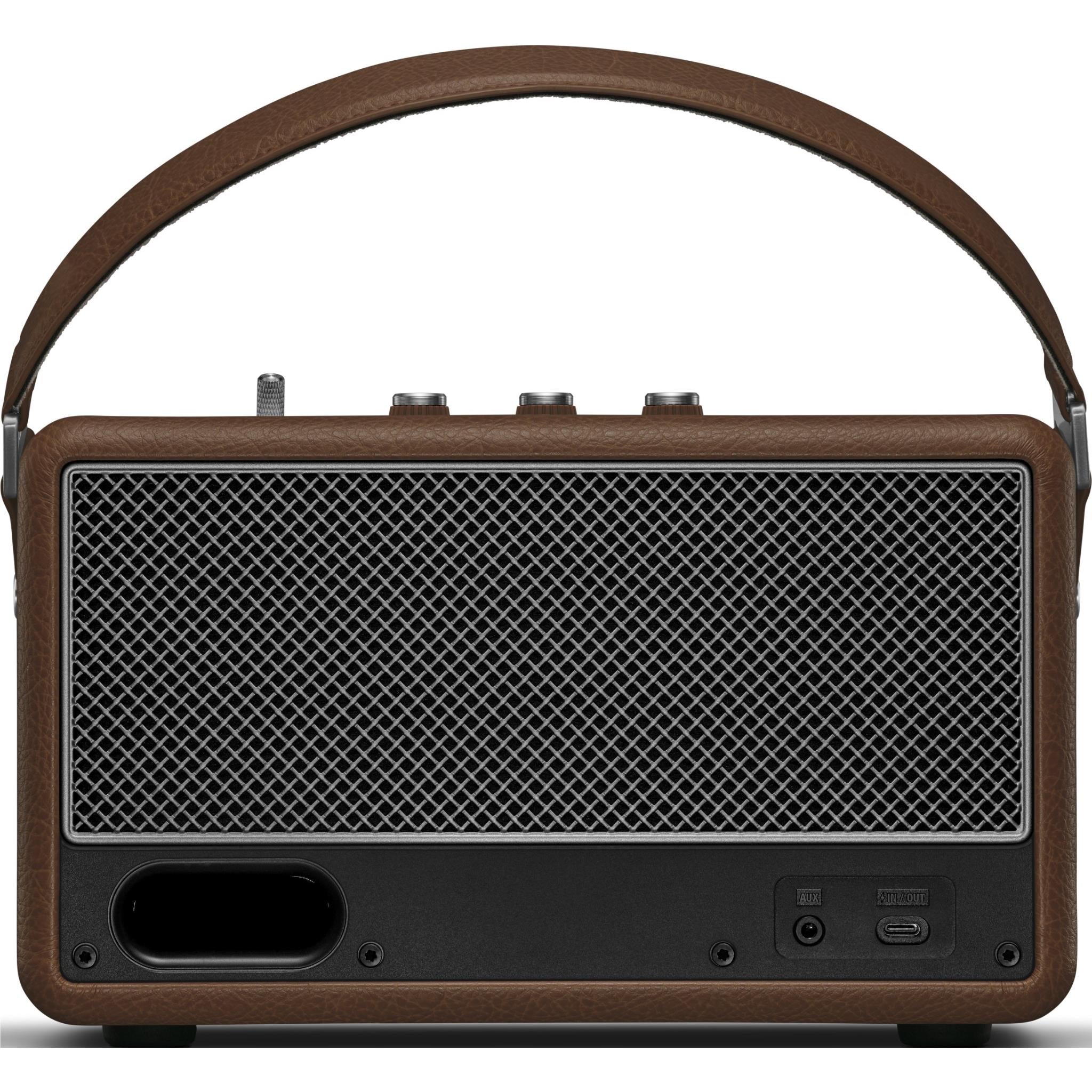 Brown Marshall portable speaker rear with speaker port and control buttons