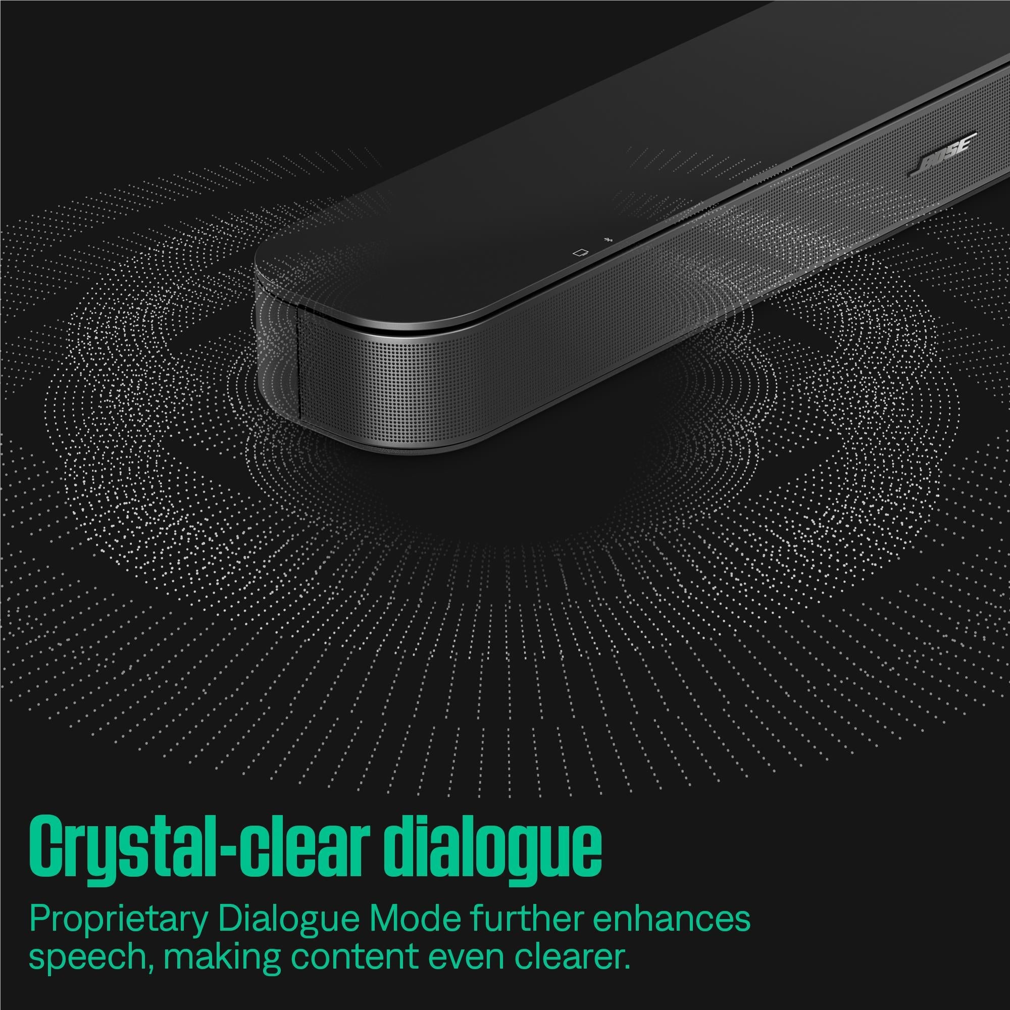 Black Bose compact soundbar showing textured front grille and curved end cap.