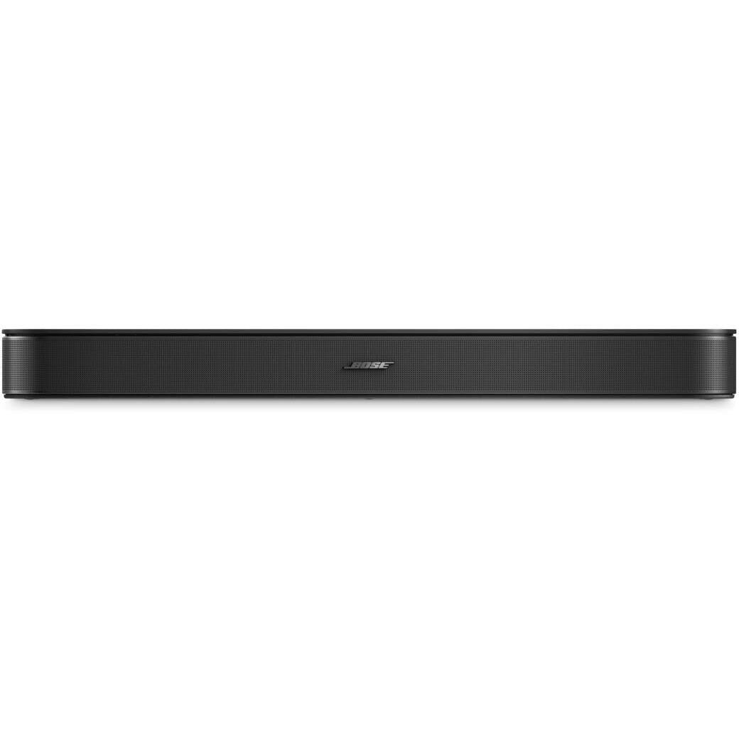 Black Bose TV soundbar front view with slim top edge and grille panel.