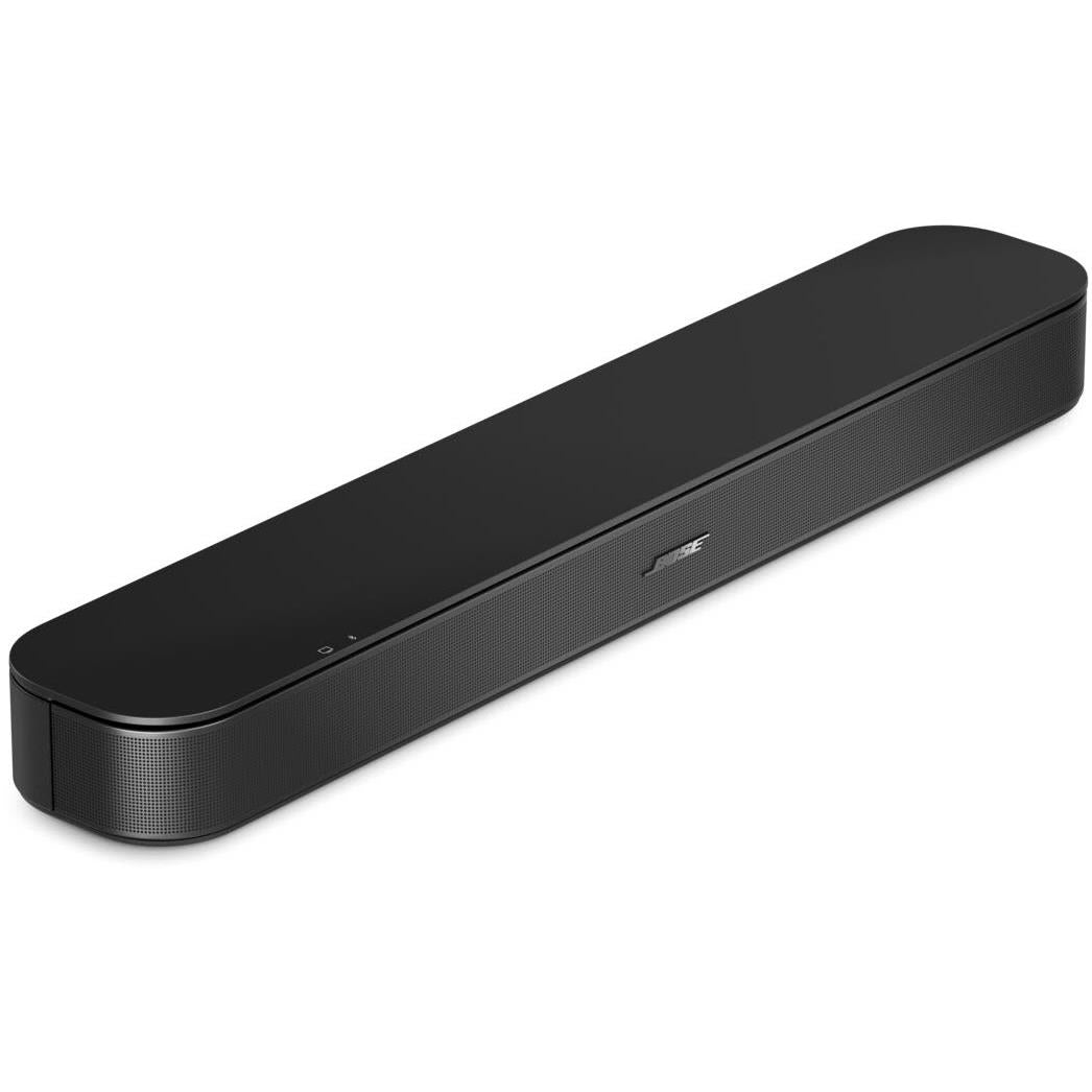 Black Bose soundbar angled view with curved end and slim top control strip.