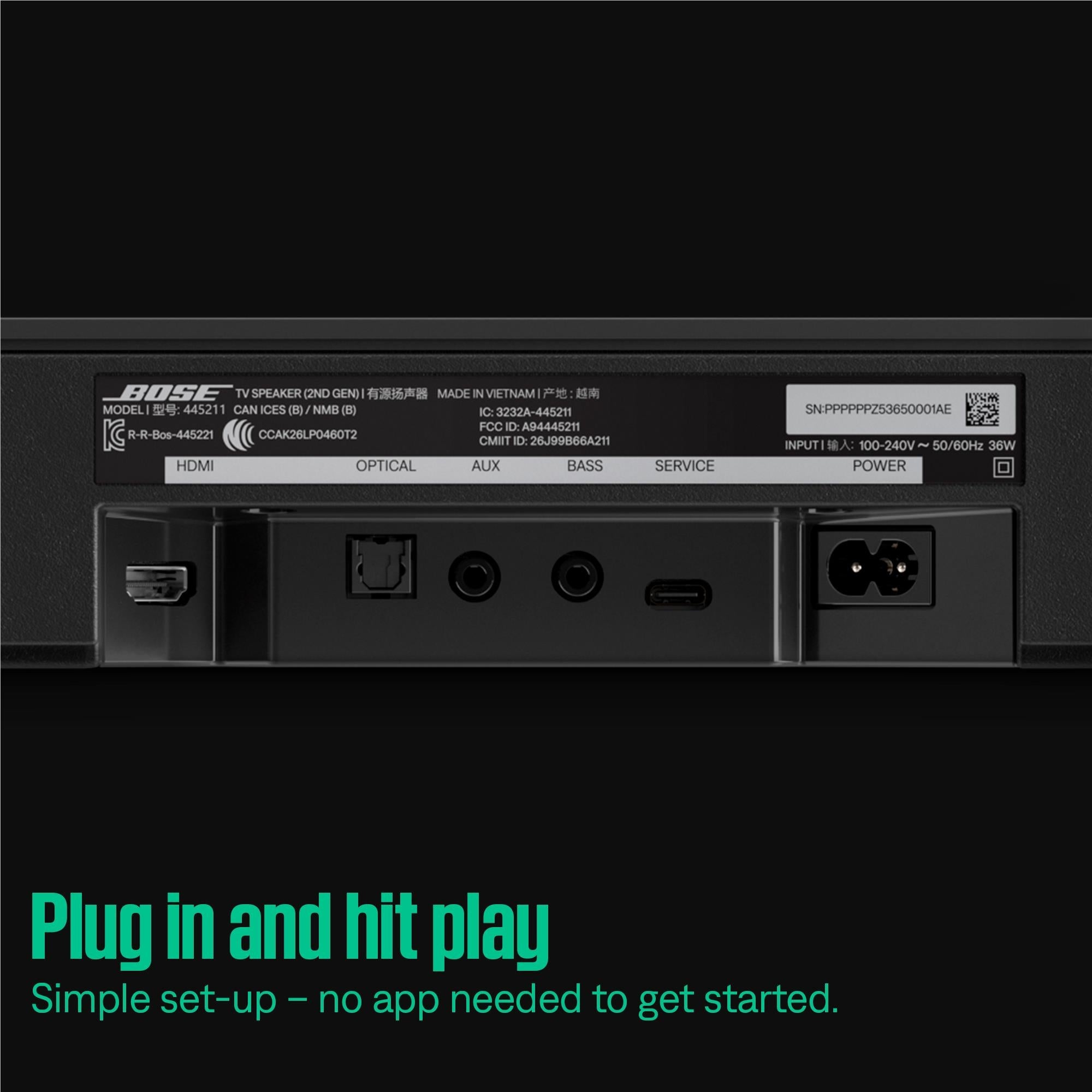 Bose soundbar rear panel with HDMI, optical, AUX, and power connections.