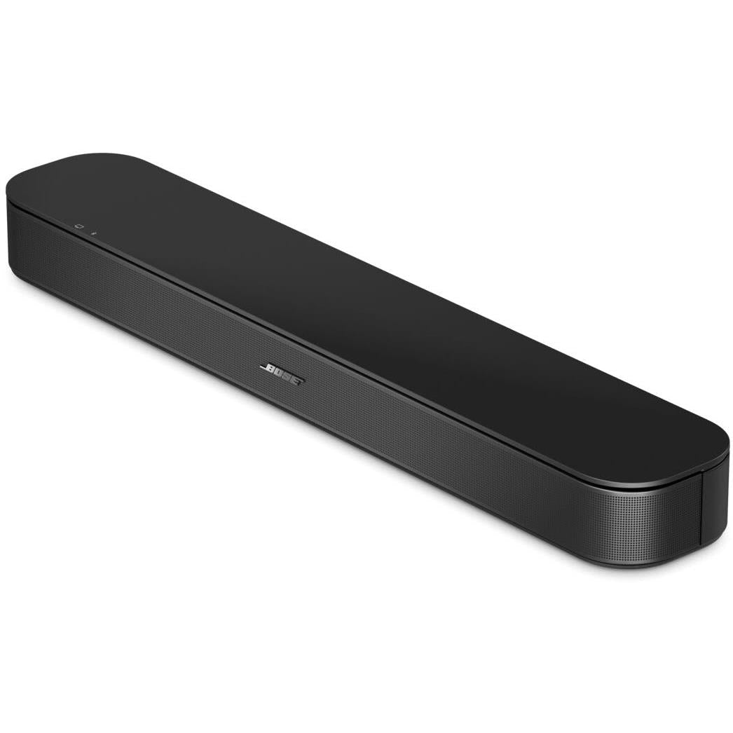 Black Bose soundbar side view with textured speaker grille and rounded corners.