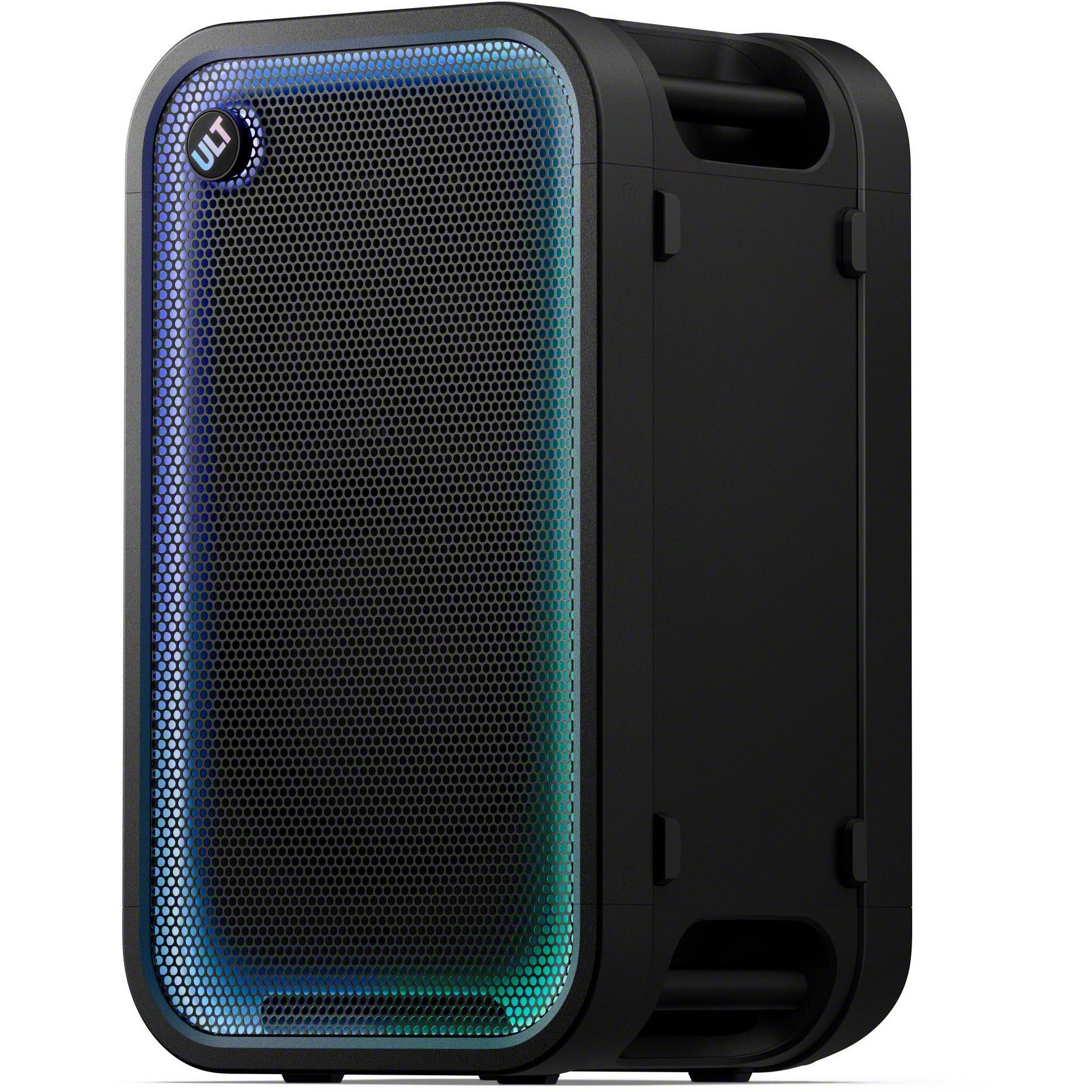 Black Sony ULT Tower 7 wireless party speaker with blue LED grille lights