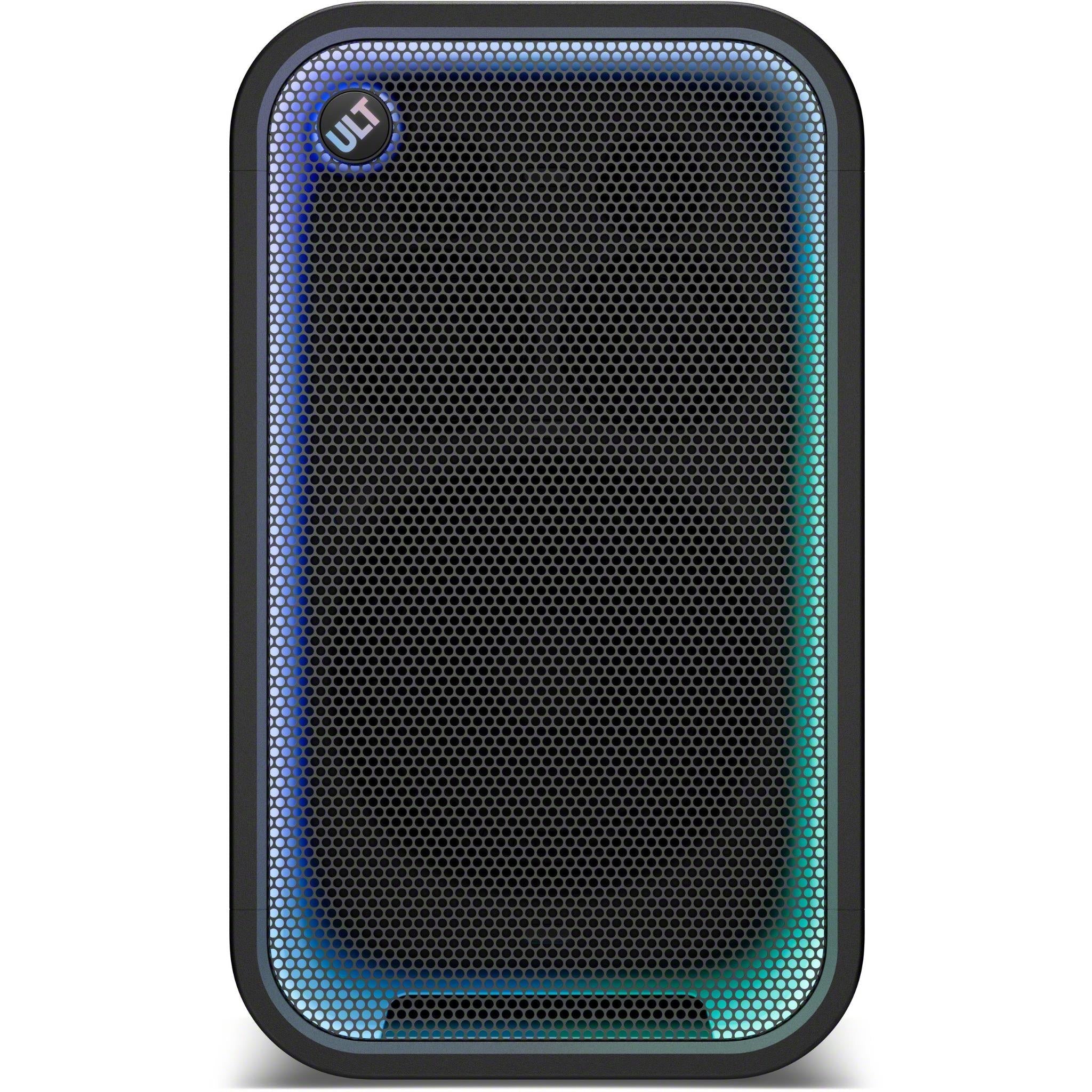 Black Sony ULT Tower 7 front grille with blue and teal LED ring lights