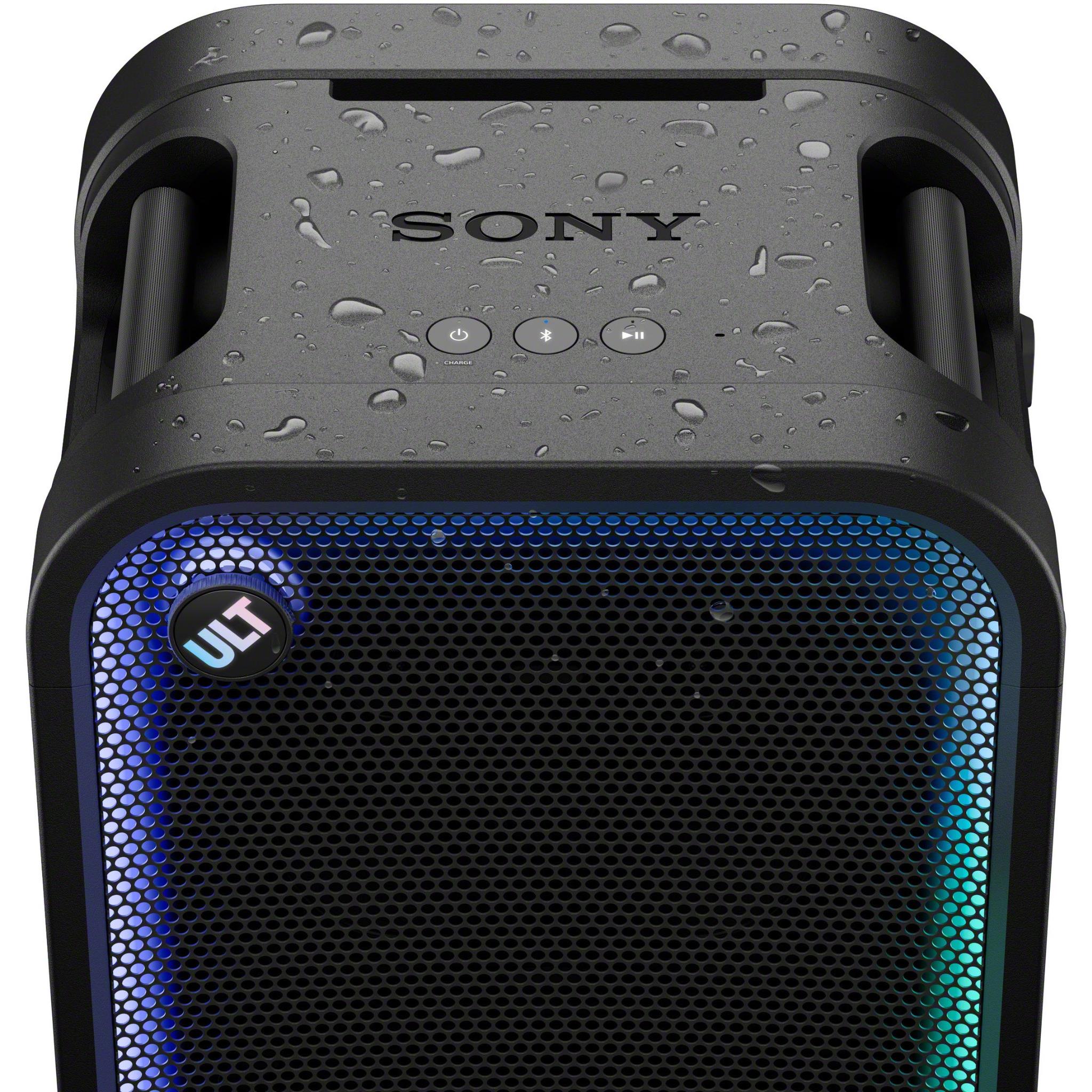 Black Sony ULT Tower 7 top view with water droplets and ULT grille badge
