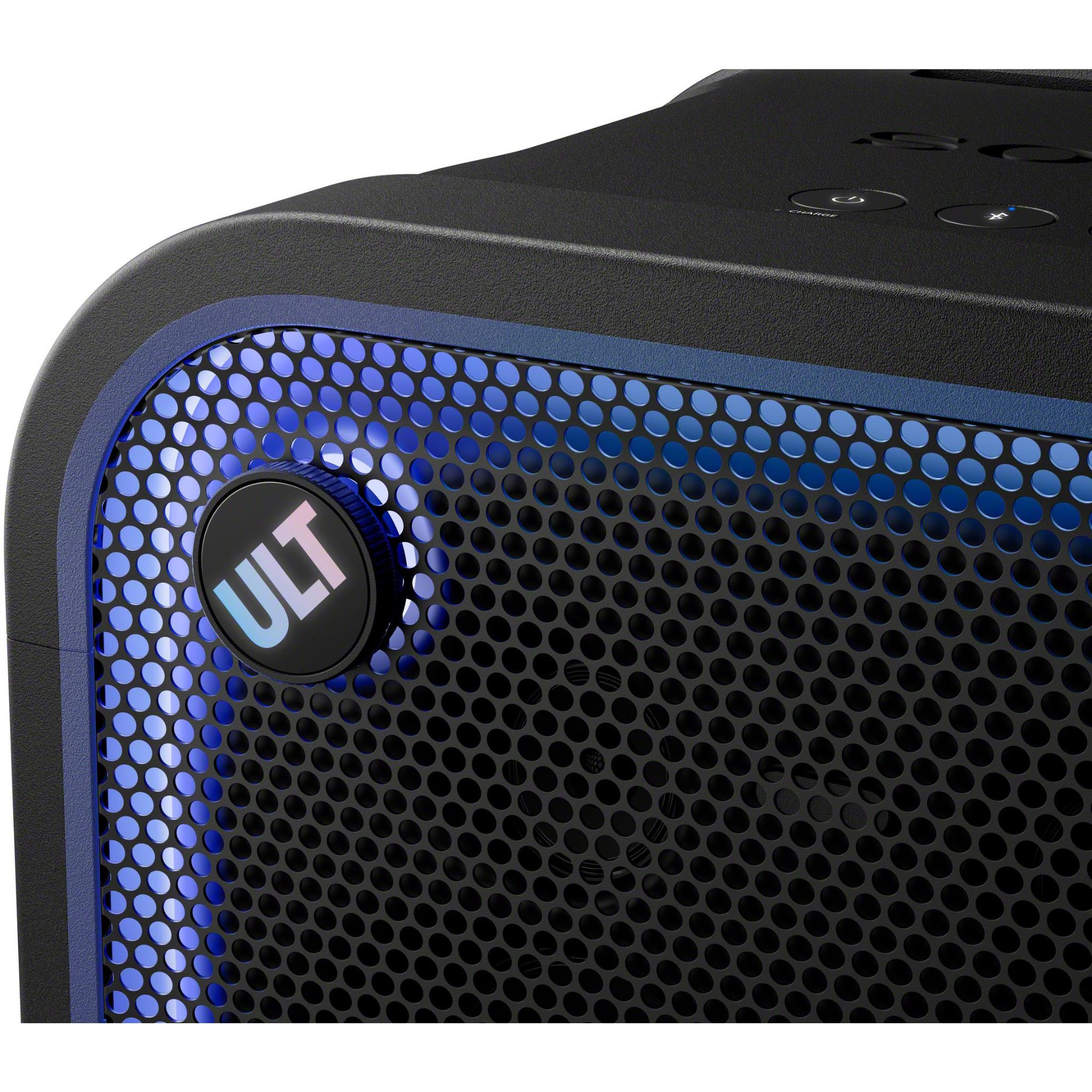 Close-up of black Sony ULT Tower 7 side grille with blue LED lighting ring