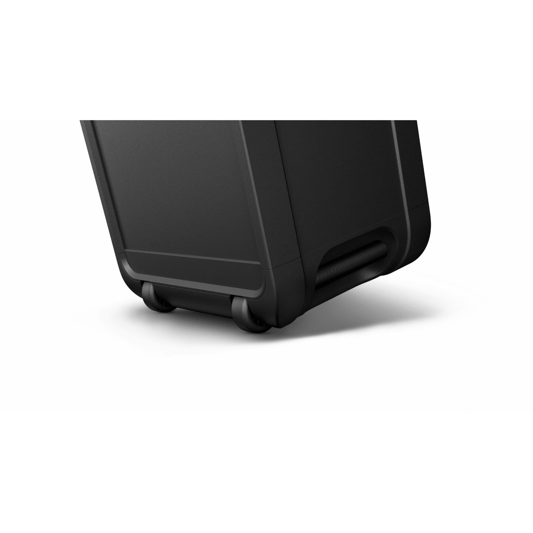 Black Sony ULT Tower 7 bottom view with corner rubber feet and carry base