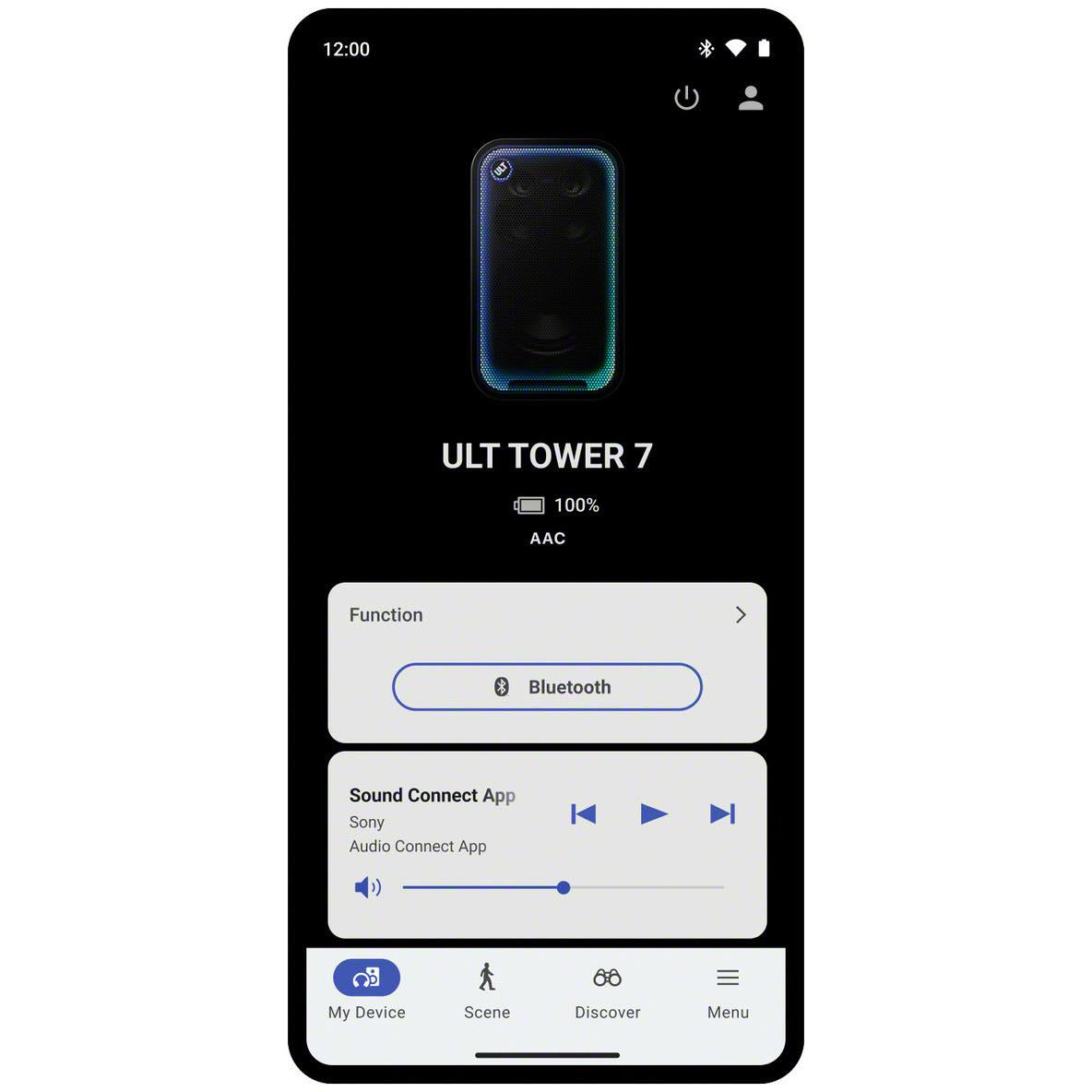 ULT Tower 7 Bluetooth settings screen showing Function and Sound Connect buttons