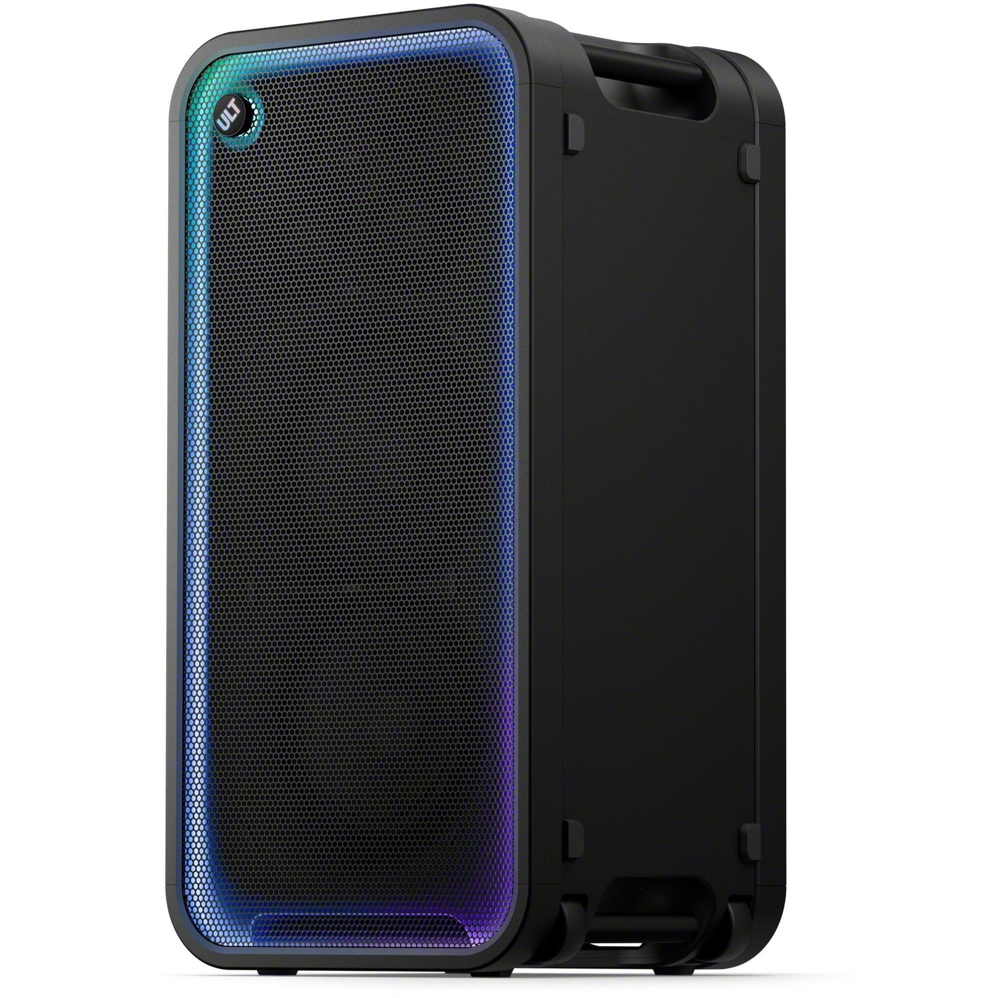 Sony ULT Tower Max wireless party speaker with blue light accents, front view