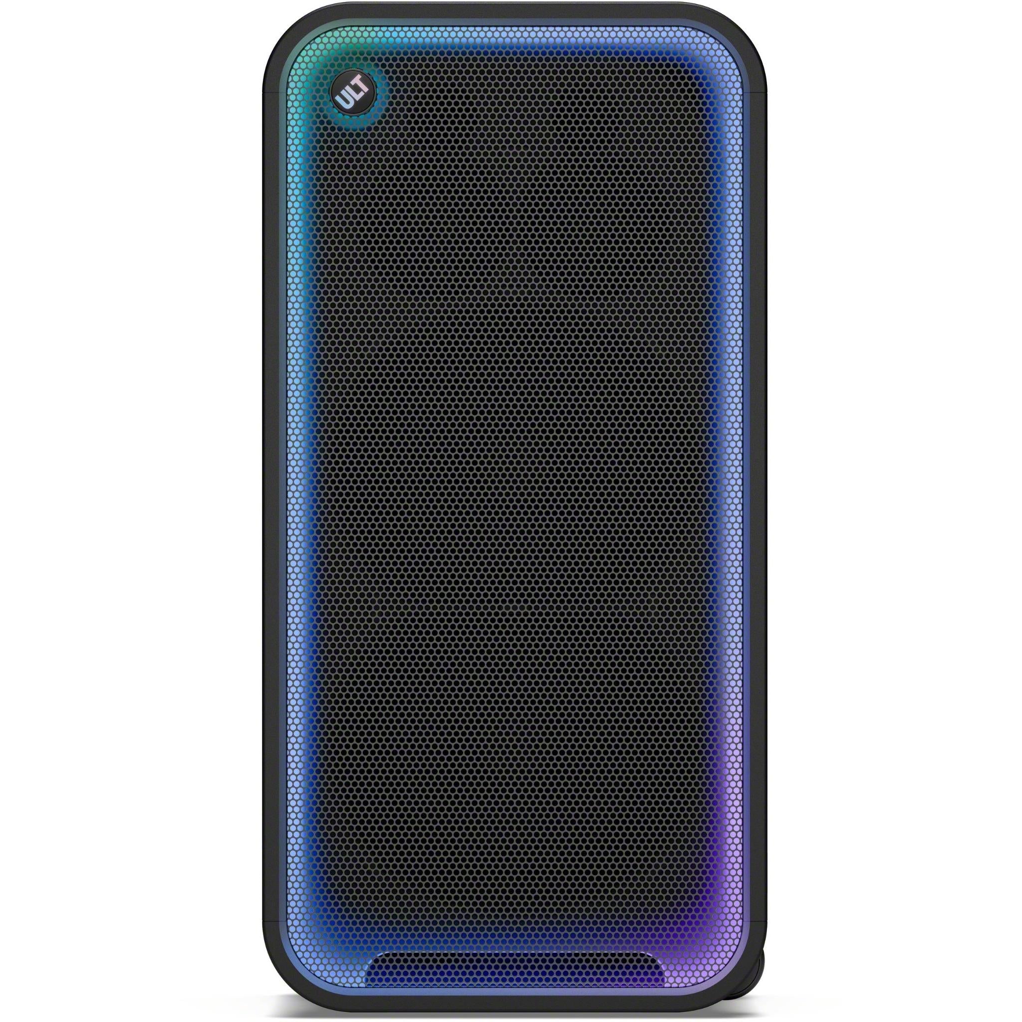 Sony ULT Tower Max wireless party speaker, front grille with glowing blue outline