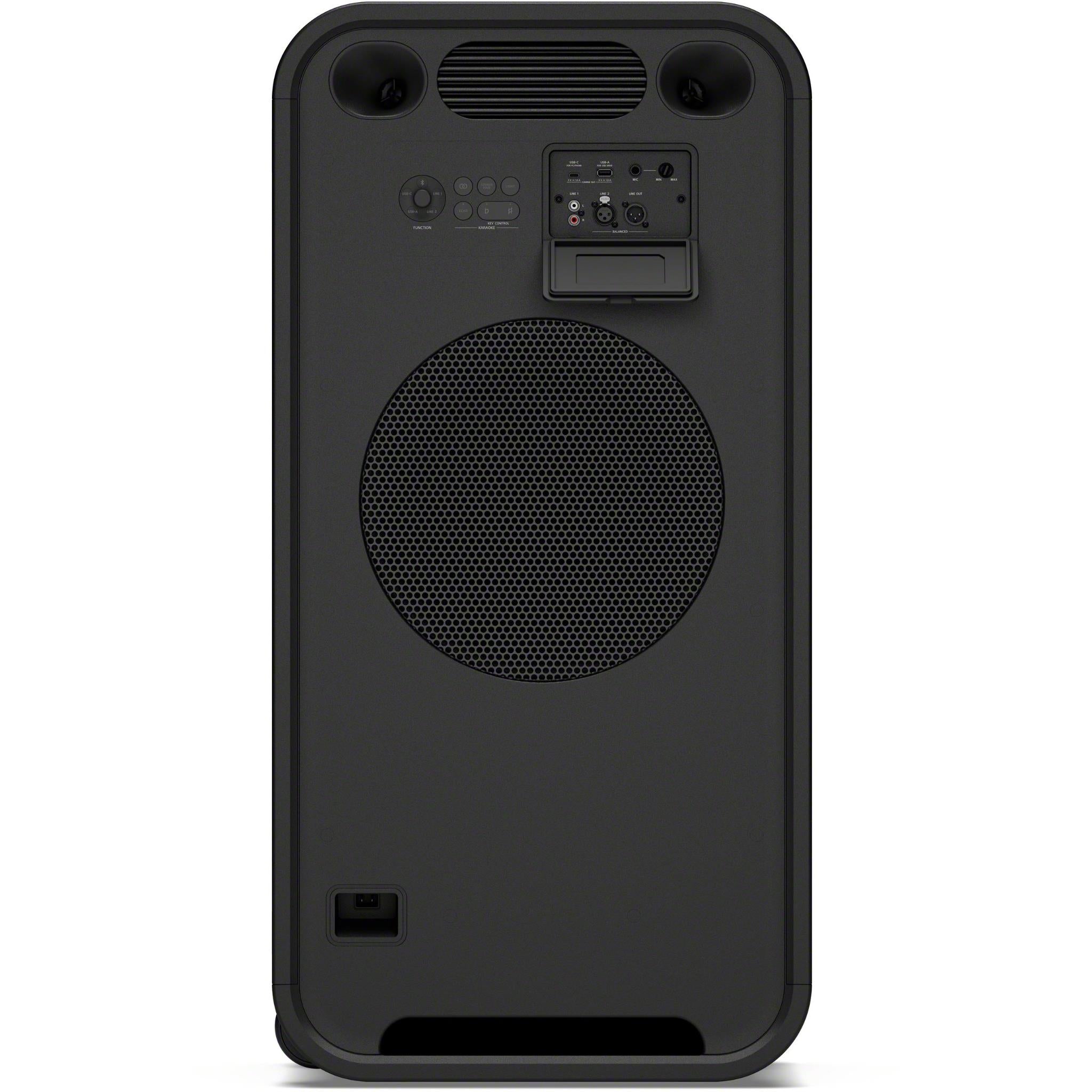 Sony ULT Tower Max wireless party speaker, rear panel with circular woofer