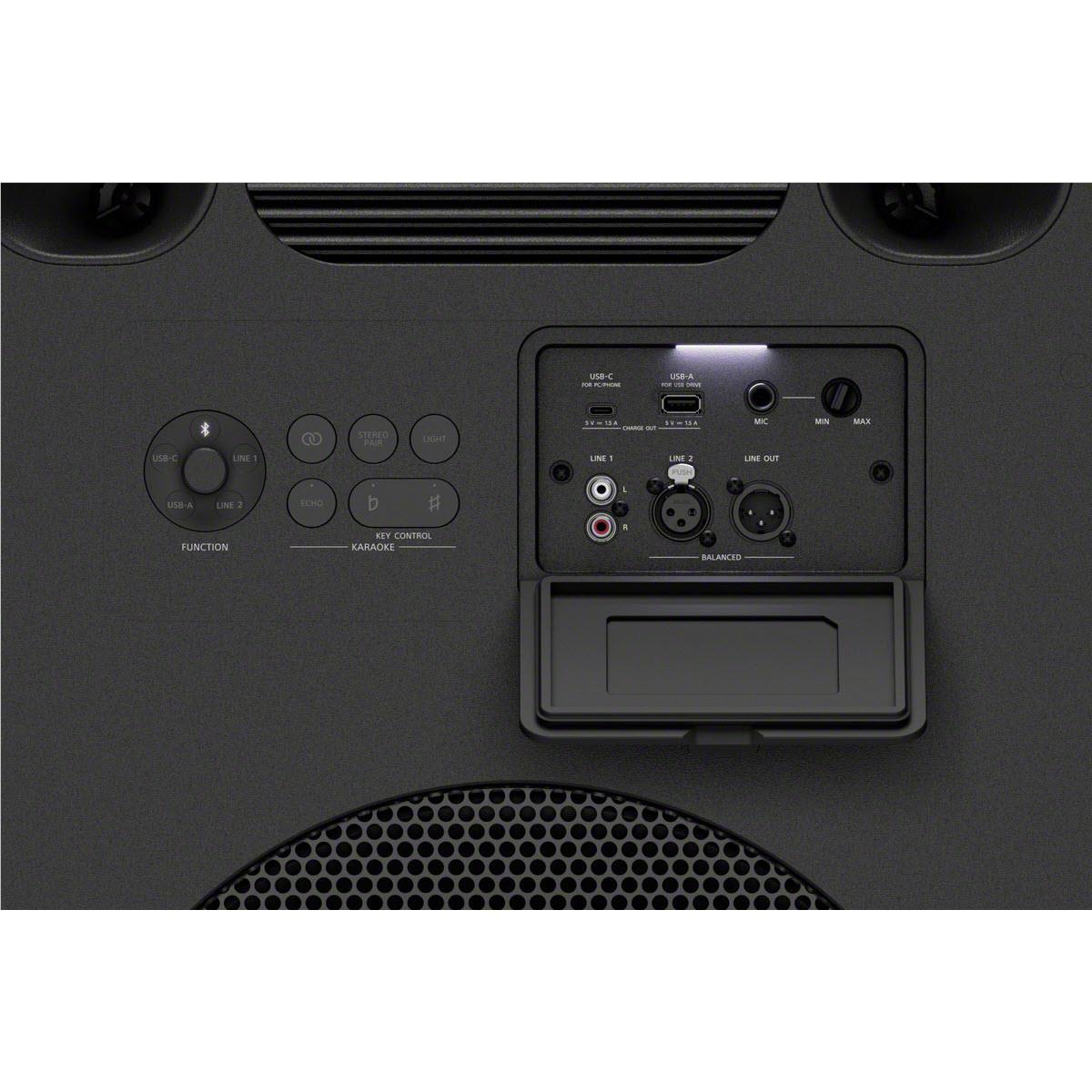 Sony ULT Tower Max wireless party speaker, rear controls and input panel close-up
