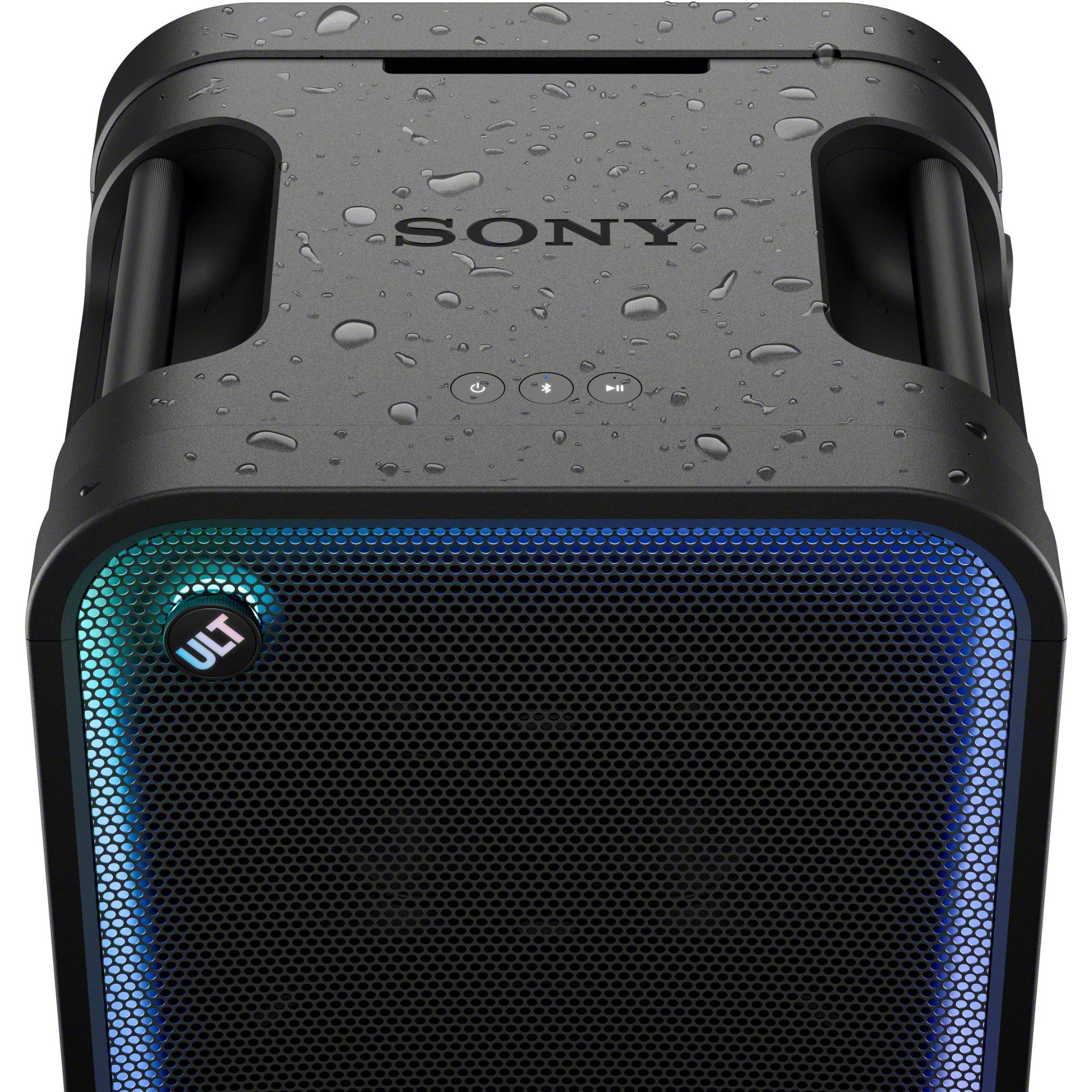 Sony ULT Tower Max wireless party speaker, top grille with water droplets and blue glow