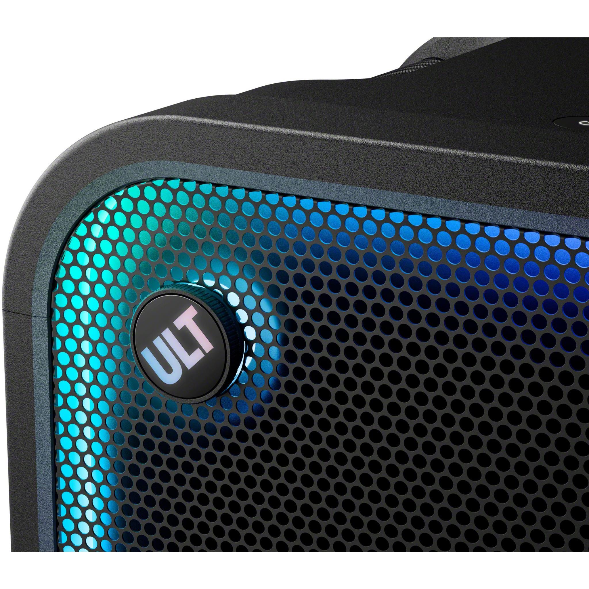 Sony ULT Tower Max wireless party speaker, side grille detail with glowing blue LED dots