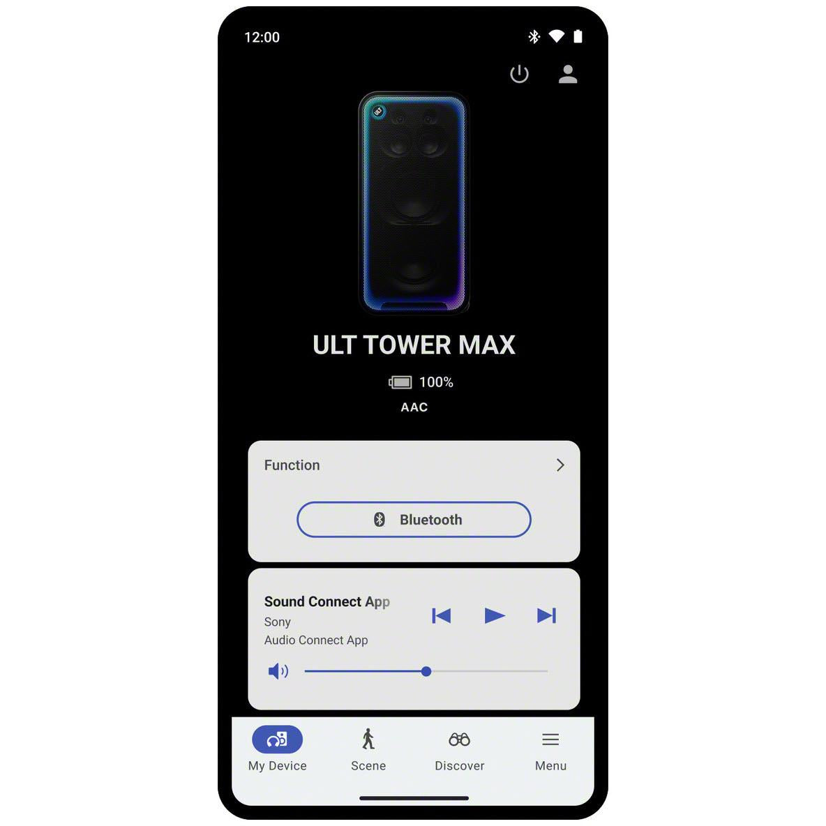 Sony ULT Tower Max speaker app screen showing Bluetooth and sound setup options