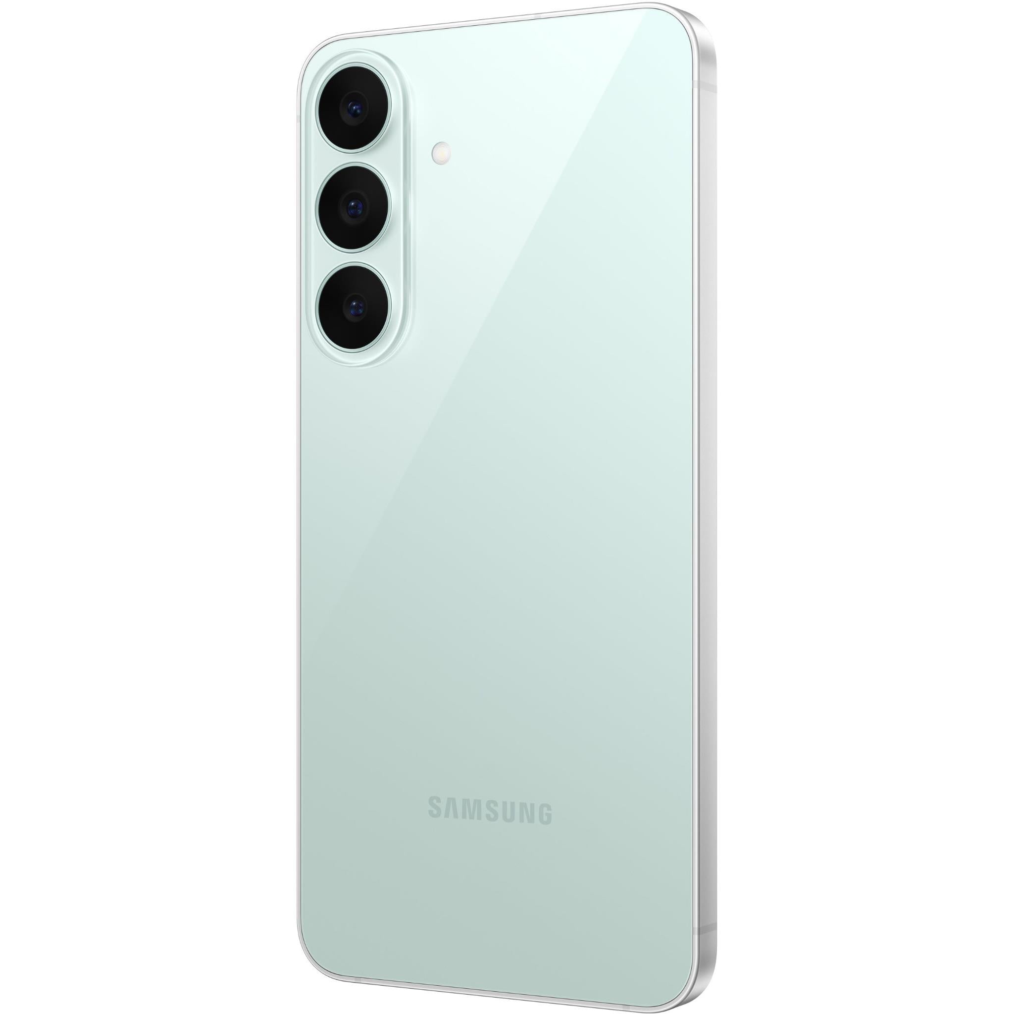 Pistachio green smartphone back angled view with triple rear cameras