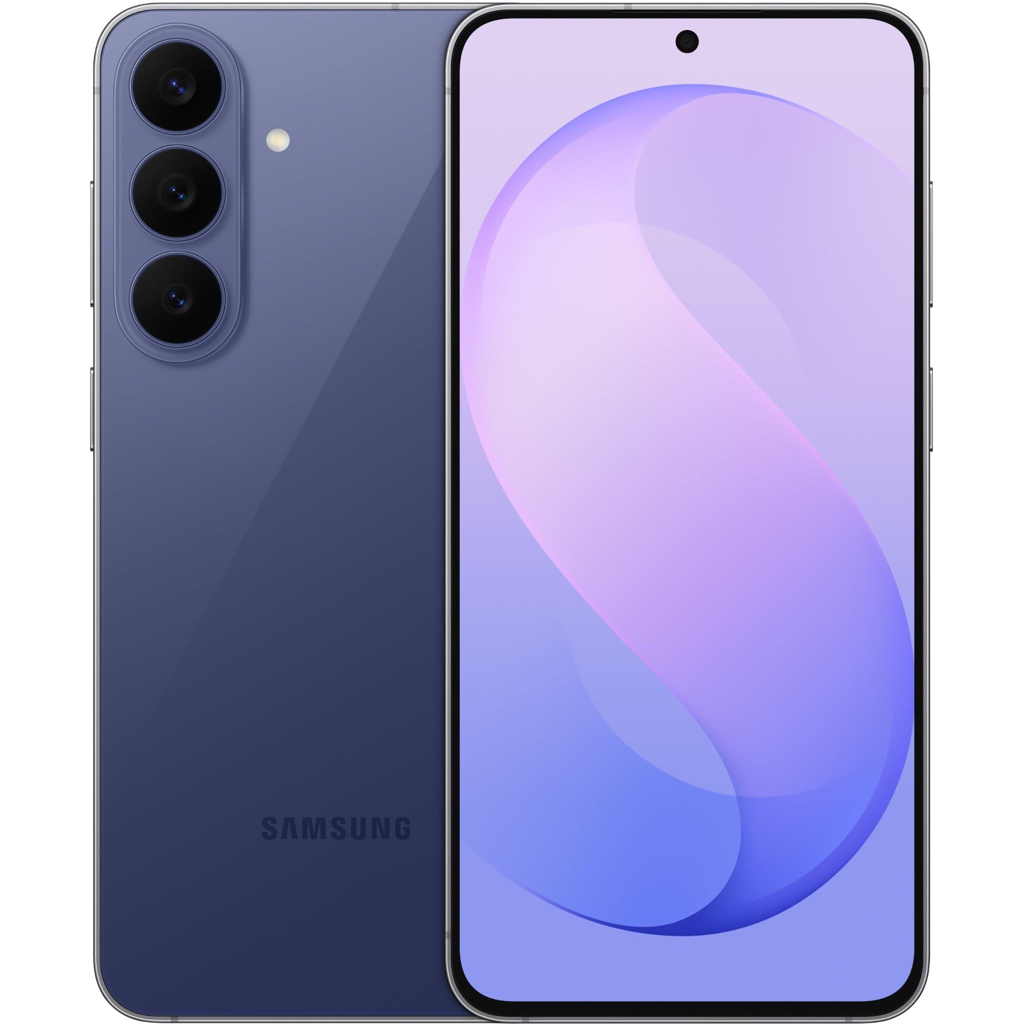 Blue 5G smartphone with front display and triple rear camera array