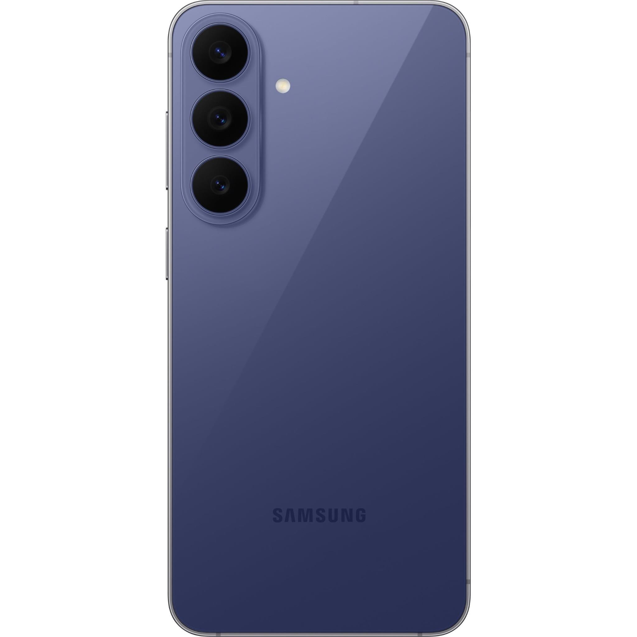 Blue 5G smartphone back with triple camera lenses and Samsung logo