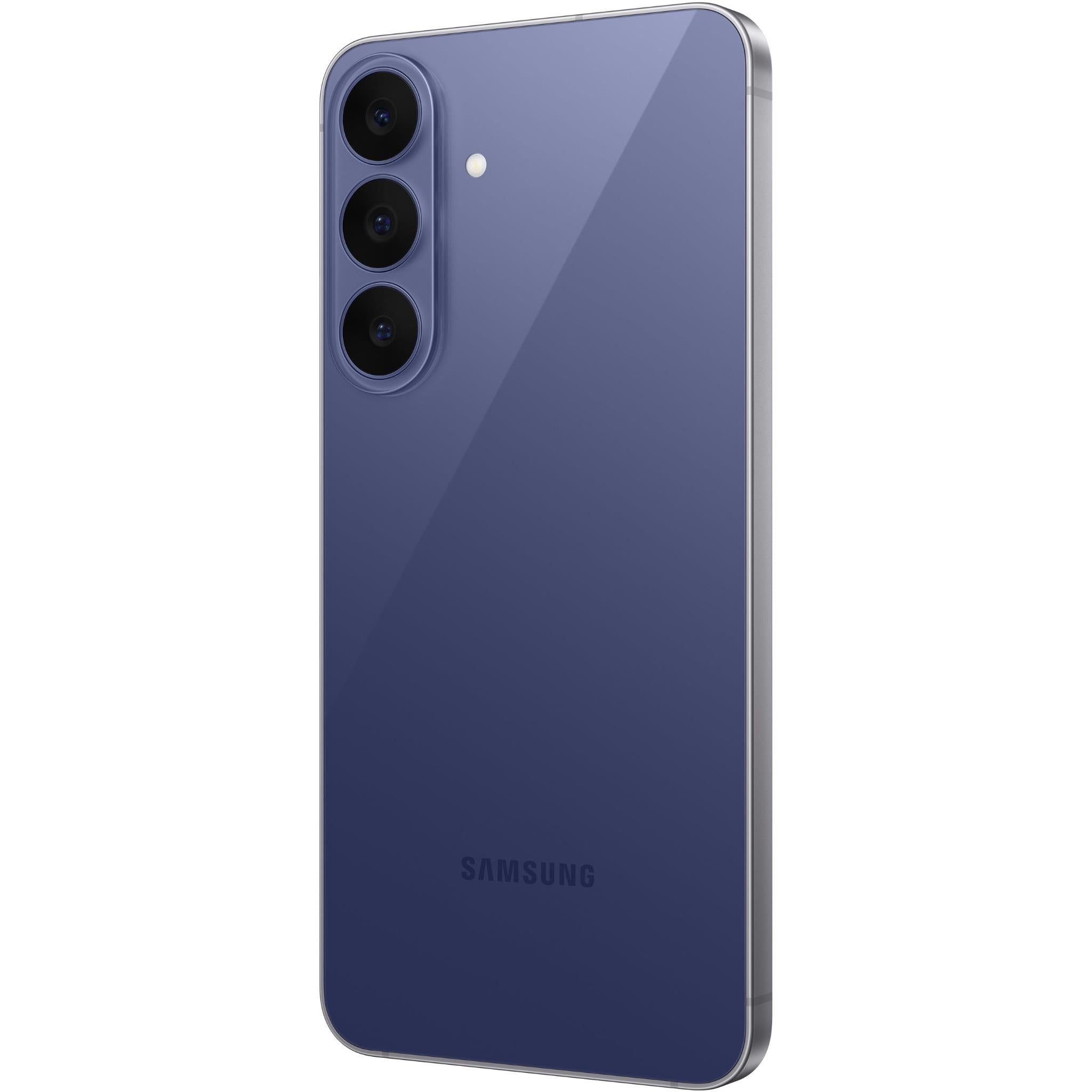 Blue 5G smartphone rear view with triple camera lenses and Samsung branding