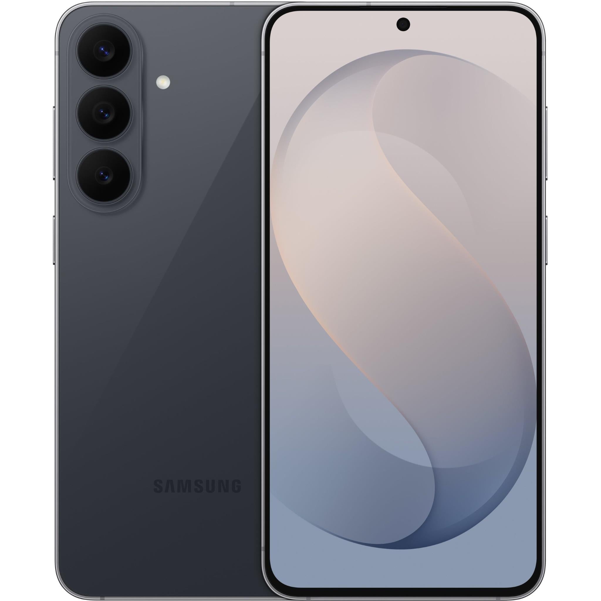 Graphite Samsung smartphone front with curved edge display and centered front camera hole