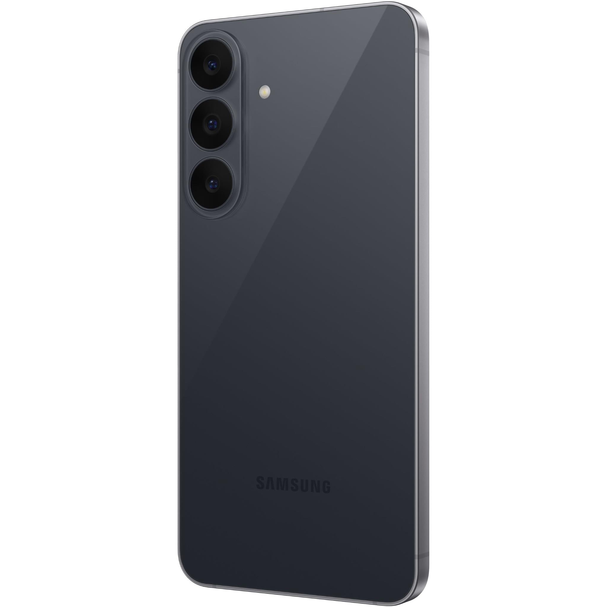 Graphite Samsung smartphone back angled view with triple cameras and faint Samsung logo