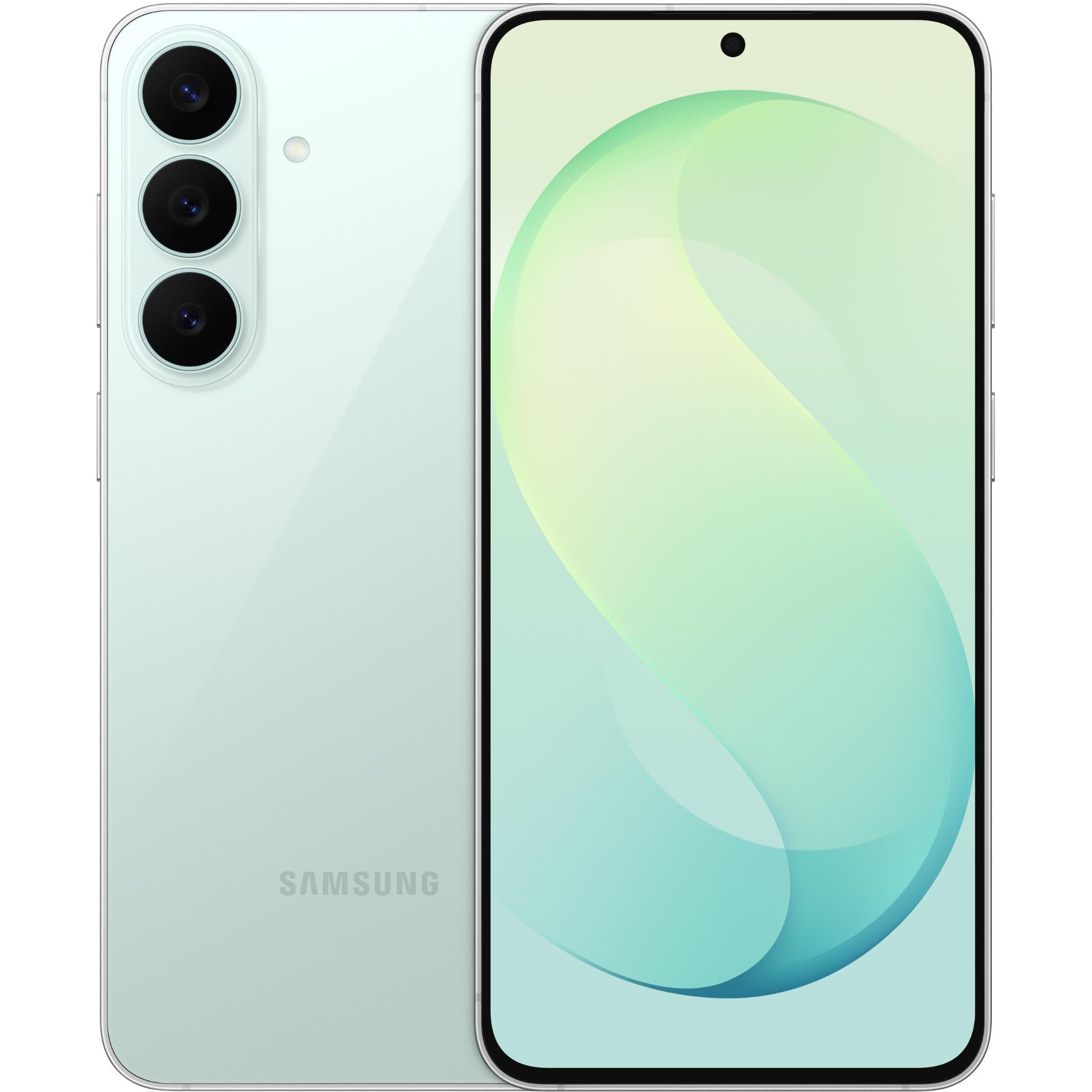 Samsung Galaxy S26 FE 5G phone in pistachio green, front and back view, triple rear cameras
